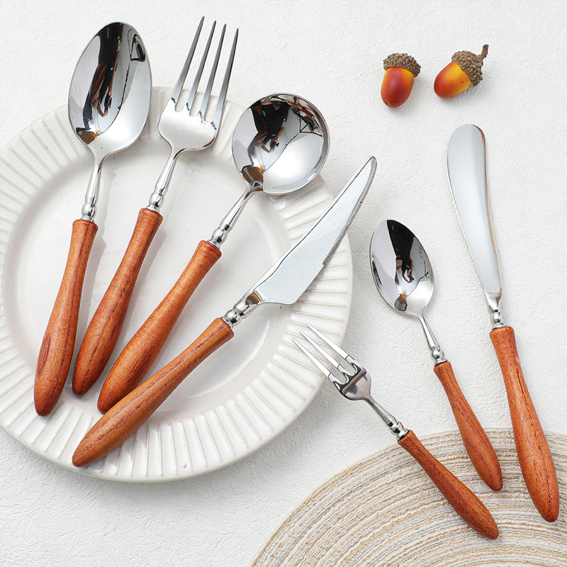 Stainless Steel Cutlery Set with Wooden Handles - Forks Spoons Knives
