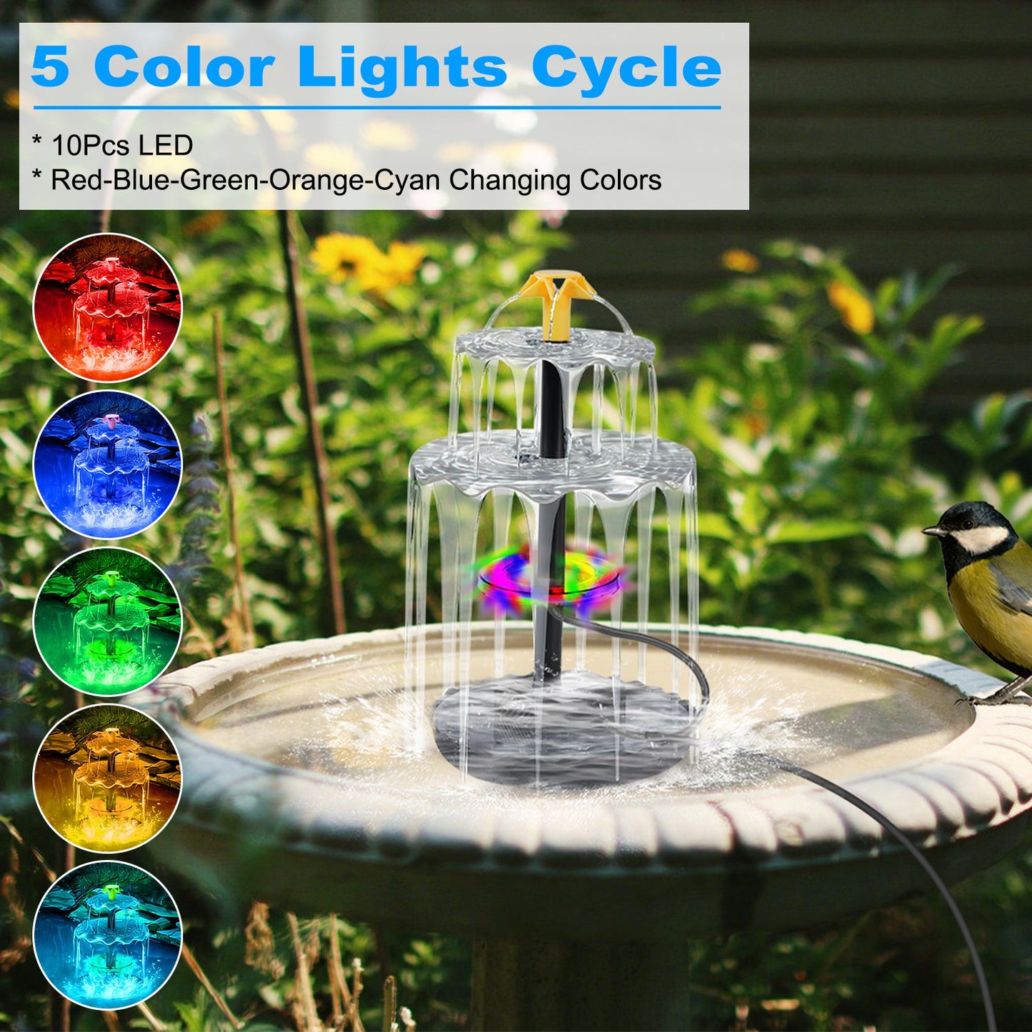 Solar Bird Bath Fountain Water Feature with Colorful LED Lights, 3 Nozzles, 6W Solar Panel