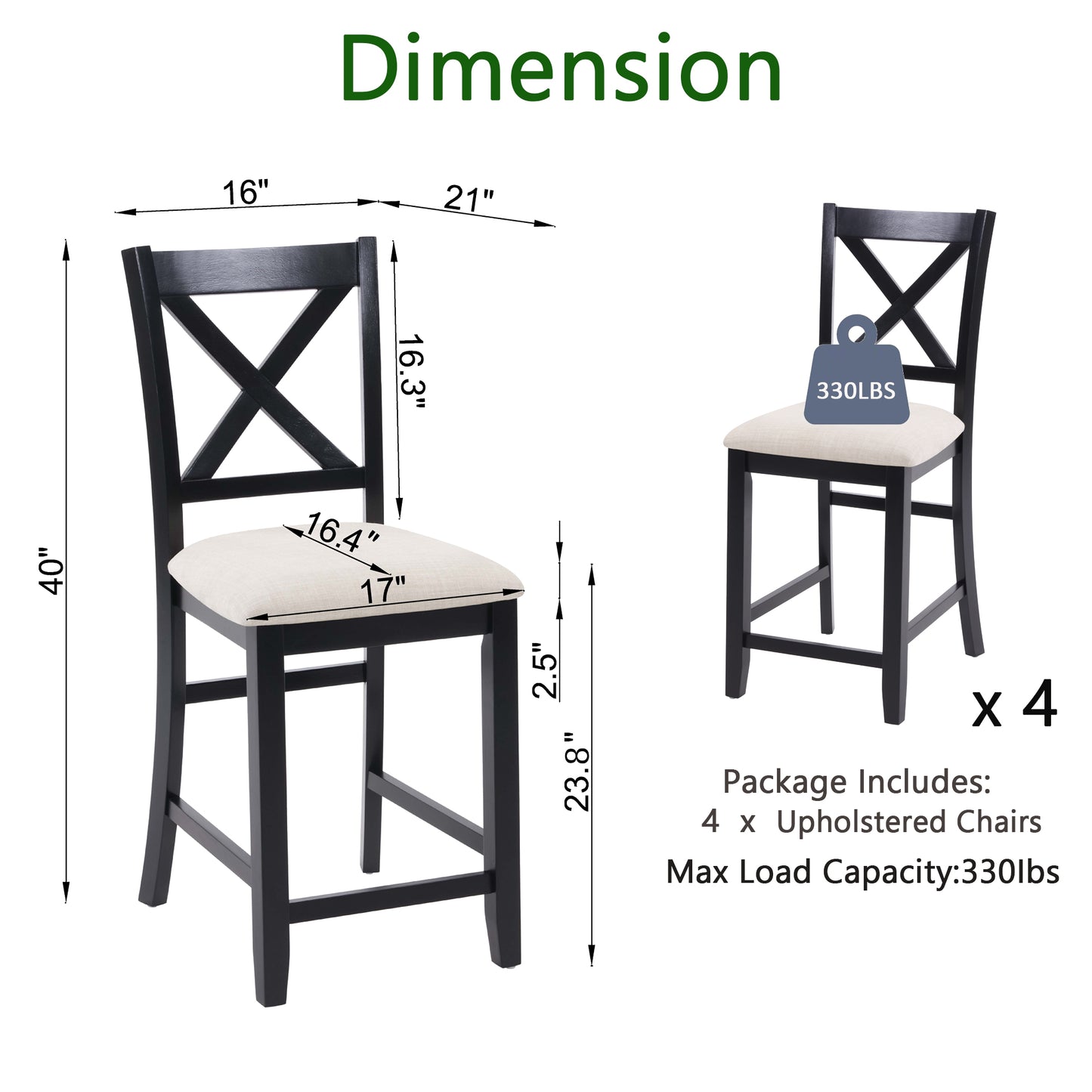 Wooden Counter Height Dining Chairs Set of 4 - Black & Beige