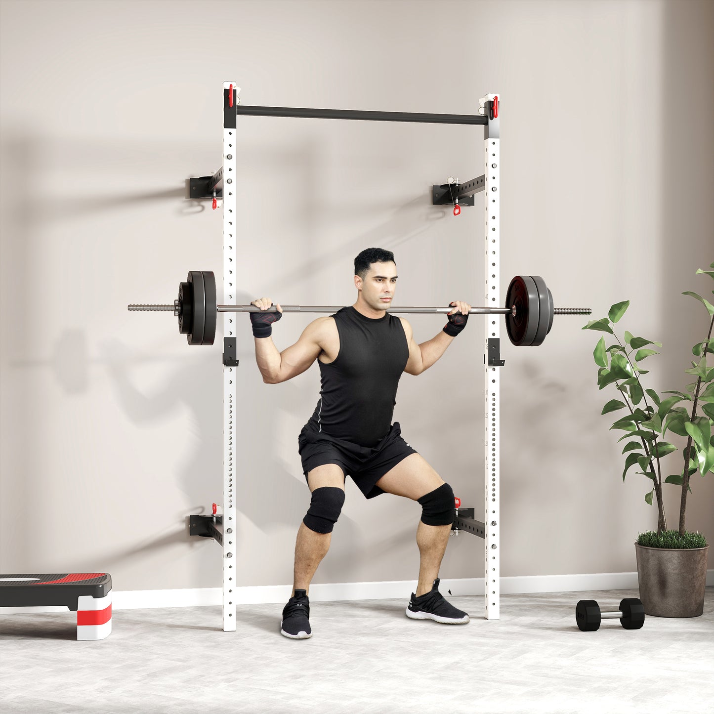 Folding Squat Rack with Pull Up Bar - Adjustable Wall-Mounted Design, 1000 lbs Capacity, White