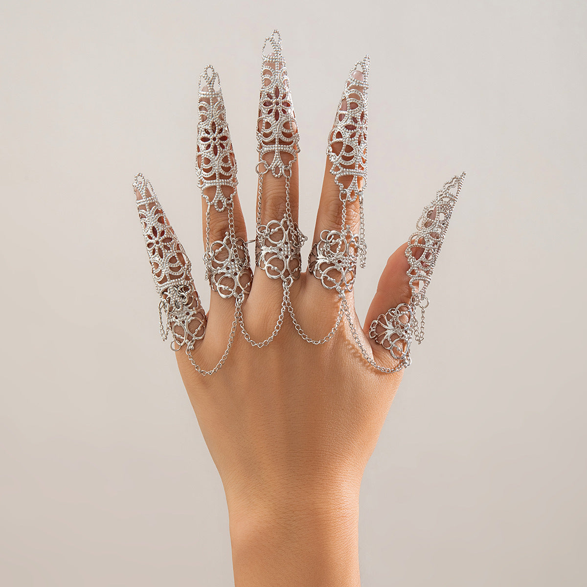 Gothic Style Hollow Tapered Fingernail Ring with Tassel and Geometric Design