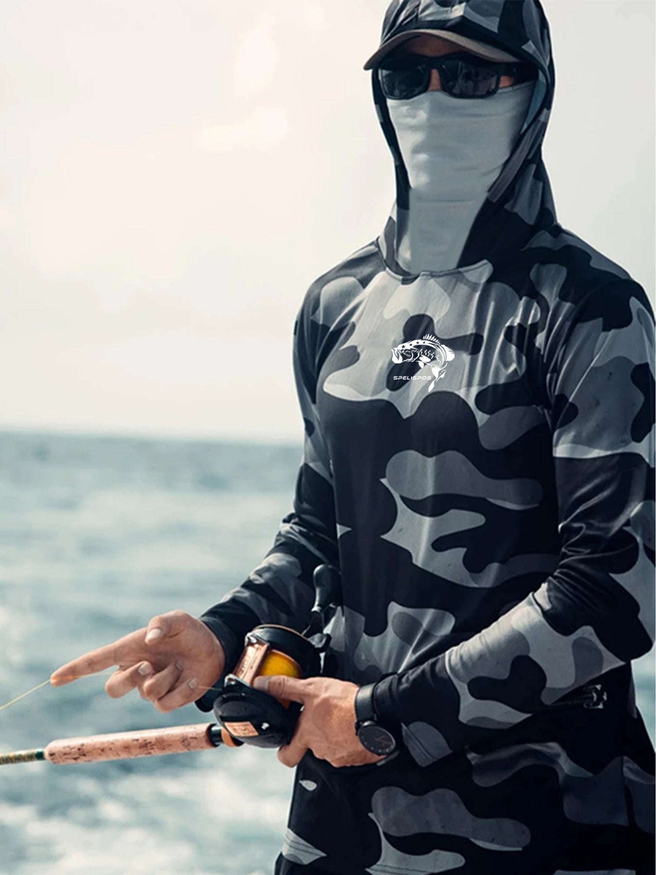 Men's Long Sleeve Fishing Hoodie with Face Mask - Sun Protection