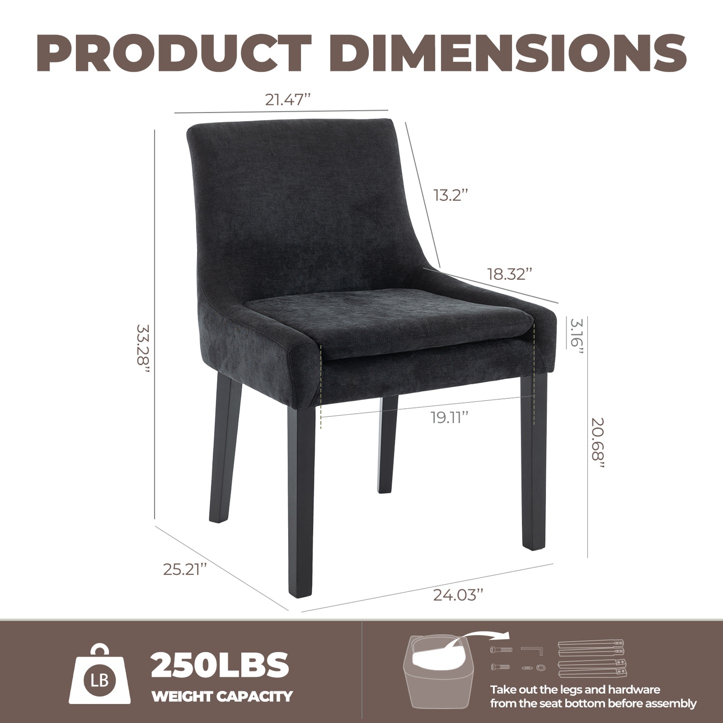 Upholstered Dining Chairs Set of 2 - Mid Back, Wood Legs