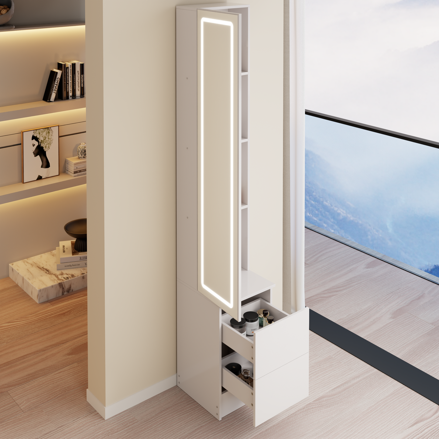Adjustable LED Dressing Mirror Cabinet - White, Multi-layer Storage