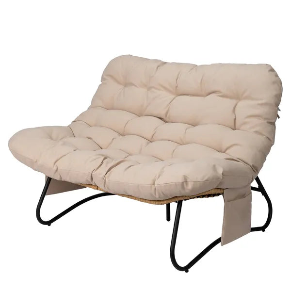 Curved Wicker Loveseat with Magazine Pockets & Beige Cushion