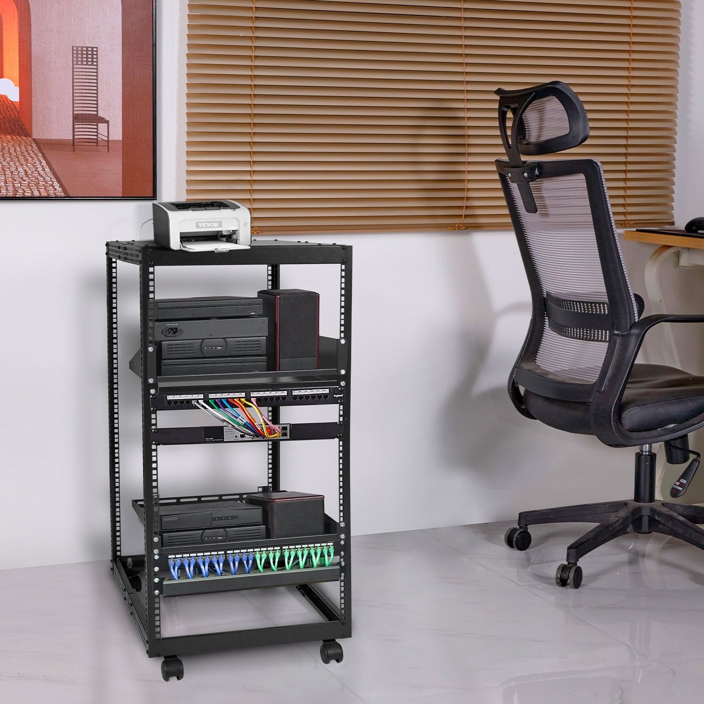 20U Open Frame Server Rack with Adjustable Depth, Wall & Floor Mount, Black