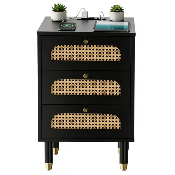 3-Drawer Nightstand with Rattan Fronts and Power Outlet - Black