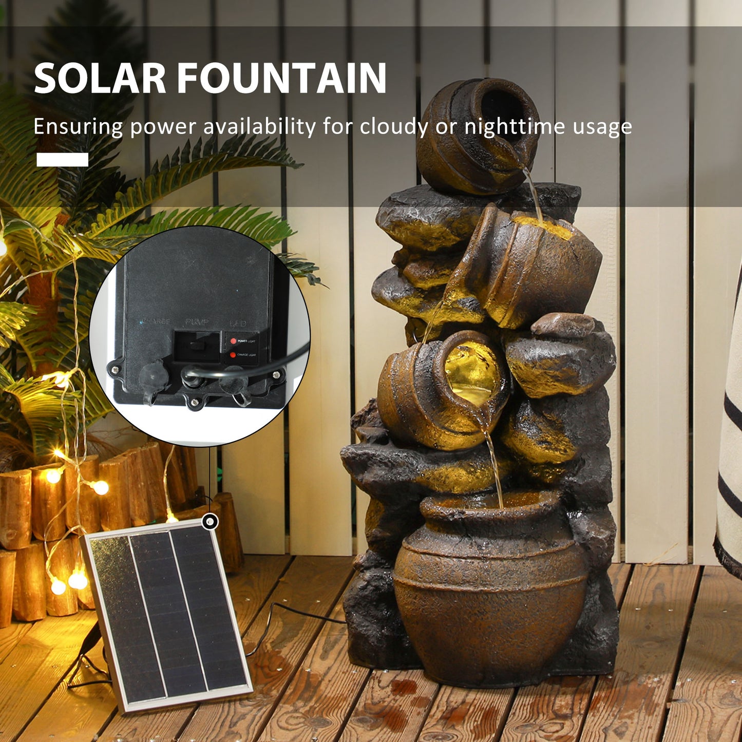 28.3-Inch Solar Water Fountain with LED Lights, 4-Tier Resin Cascading Jars Garden Decor