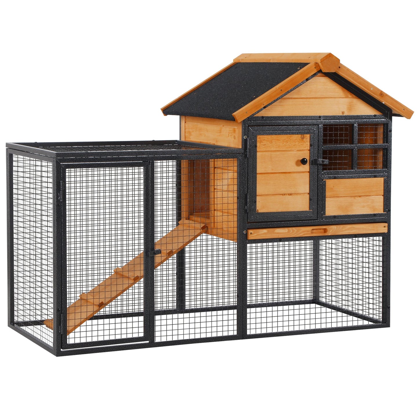 2-Level Rabbit Hutch Bunny Cage with Weatherproof Roof, Removable Tray & Ramp - Outdoor Pet House, Black