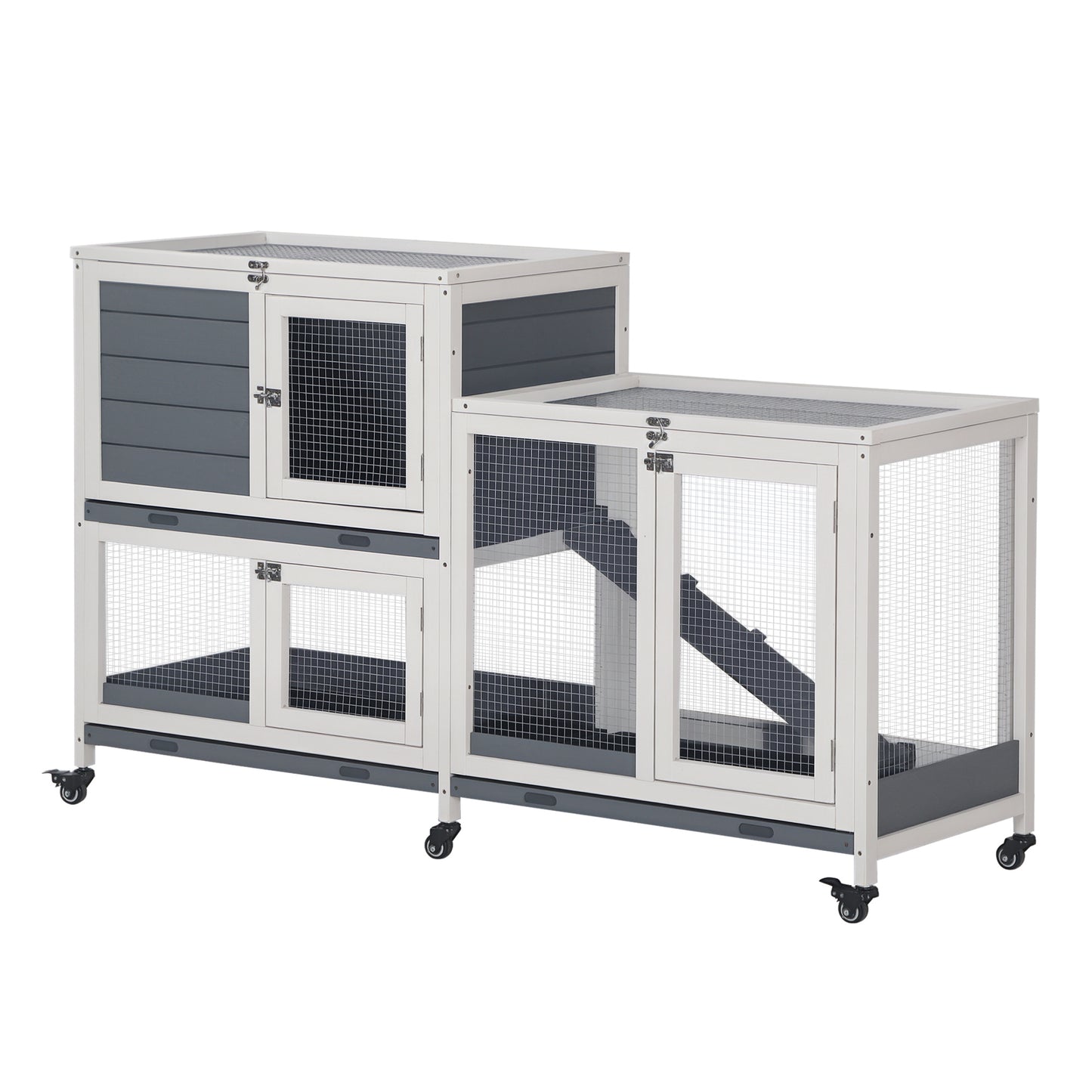 Wooden Rabbit Hutch with Elevated Pet House, Lockable Doors & Leak Tray, Gray