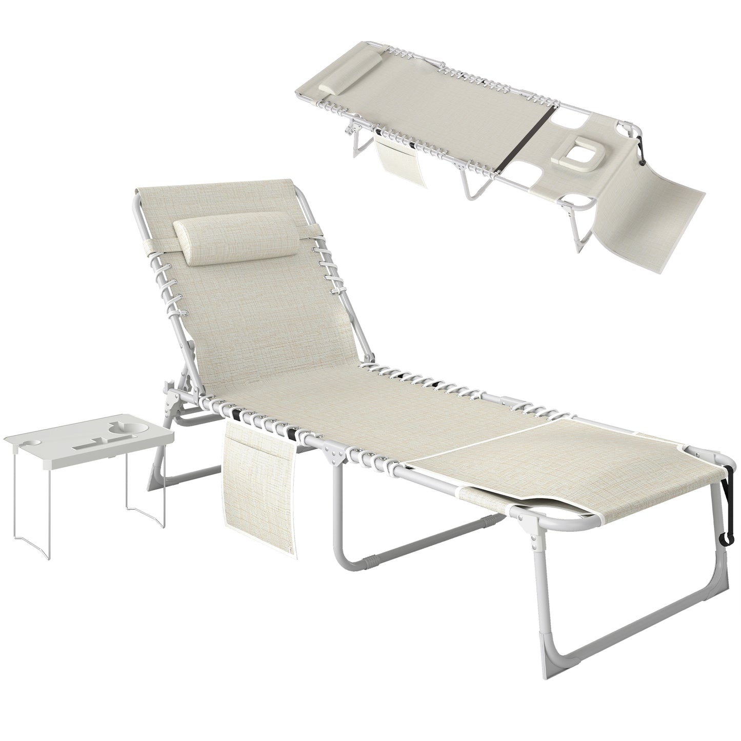5-Position Folding Chaise Lounge Chair with Face Hole & Side Table - Beige