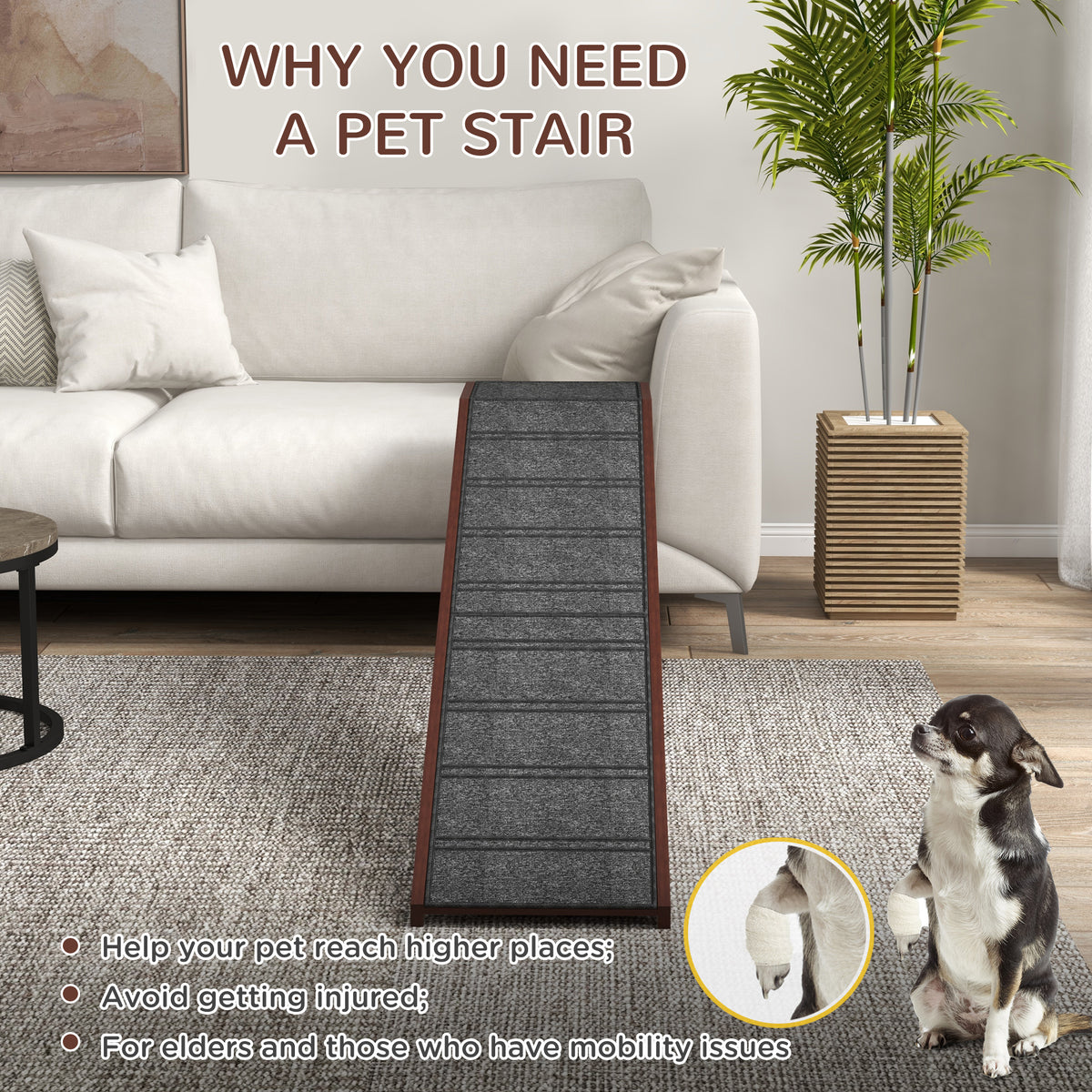 Dog Ramp with Non-Slip Carpet & Top Platform for Easy Access - Brown