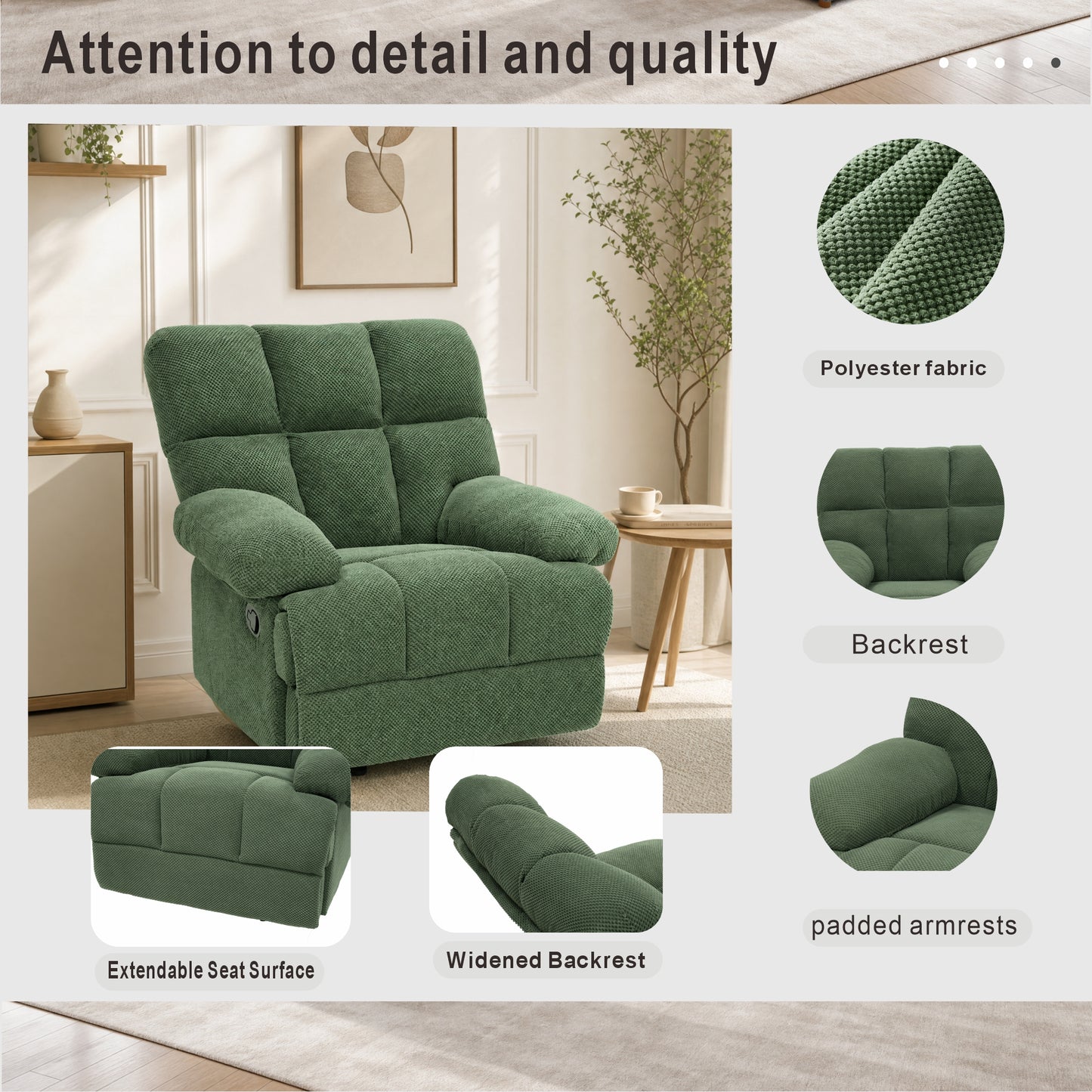Modern Dark Green Manual Rocker Recliner Chair - Cozy Upholstery