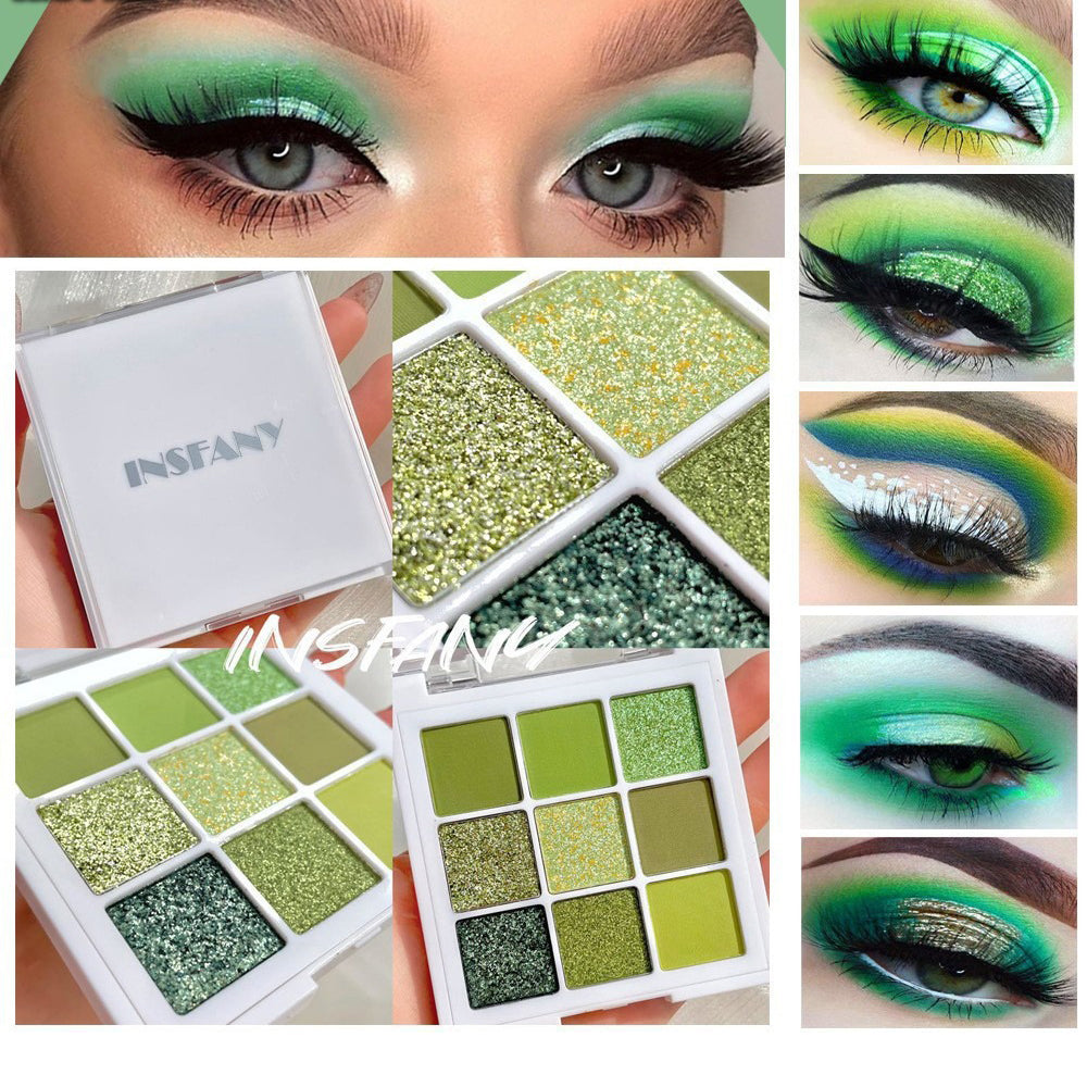 9-Color Green Eyeshadow Palette - Matte, Shimmer & Glitter Finish