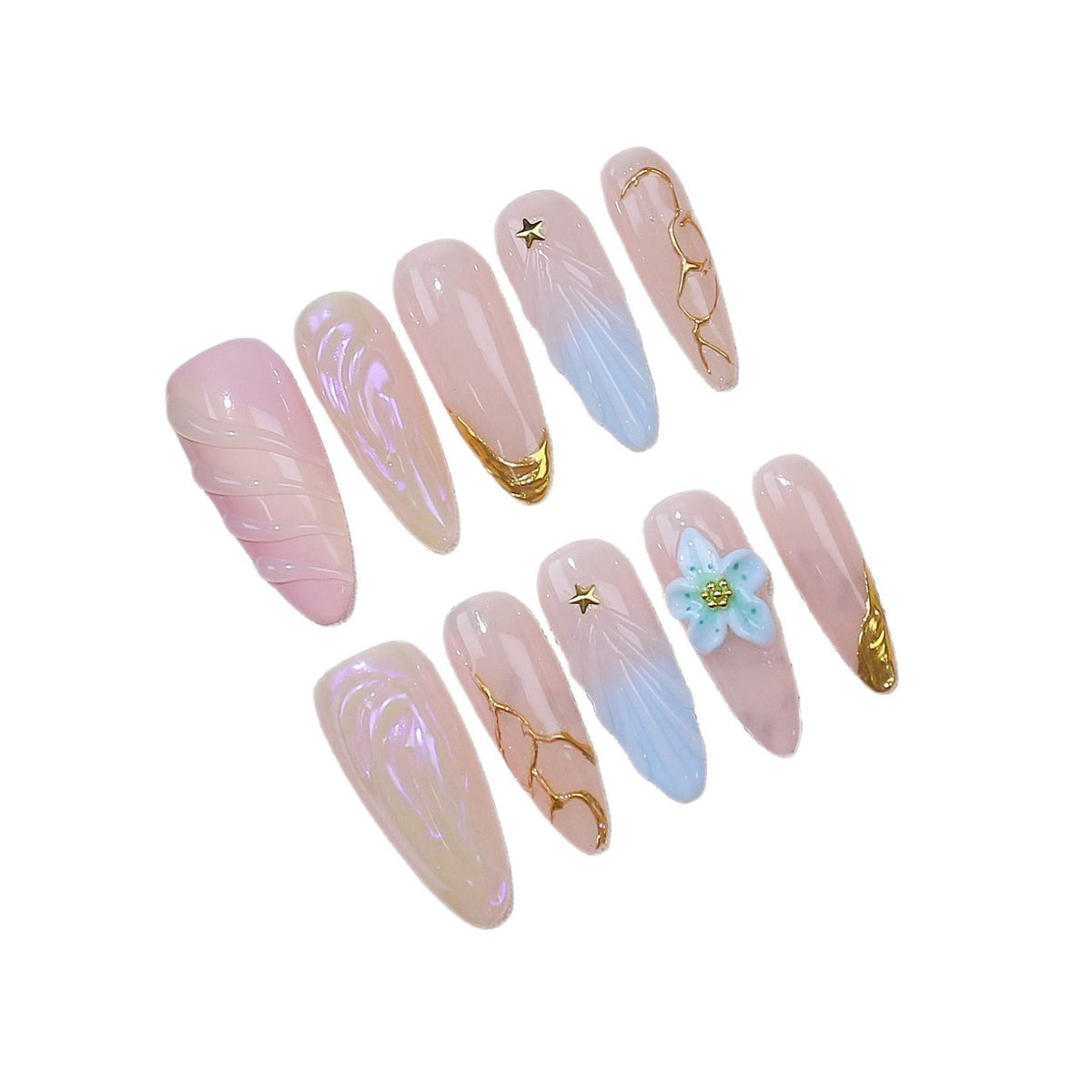 Fake Nail Set with Carved Shell Pattern - Long Almond French Style with Armor Fit
