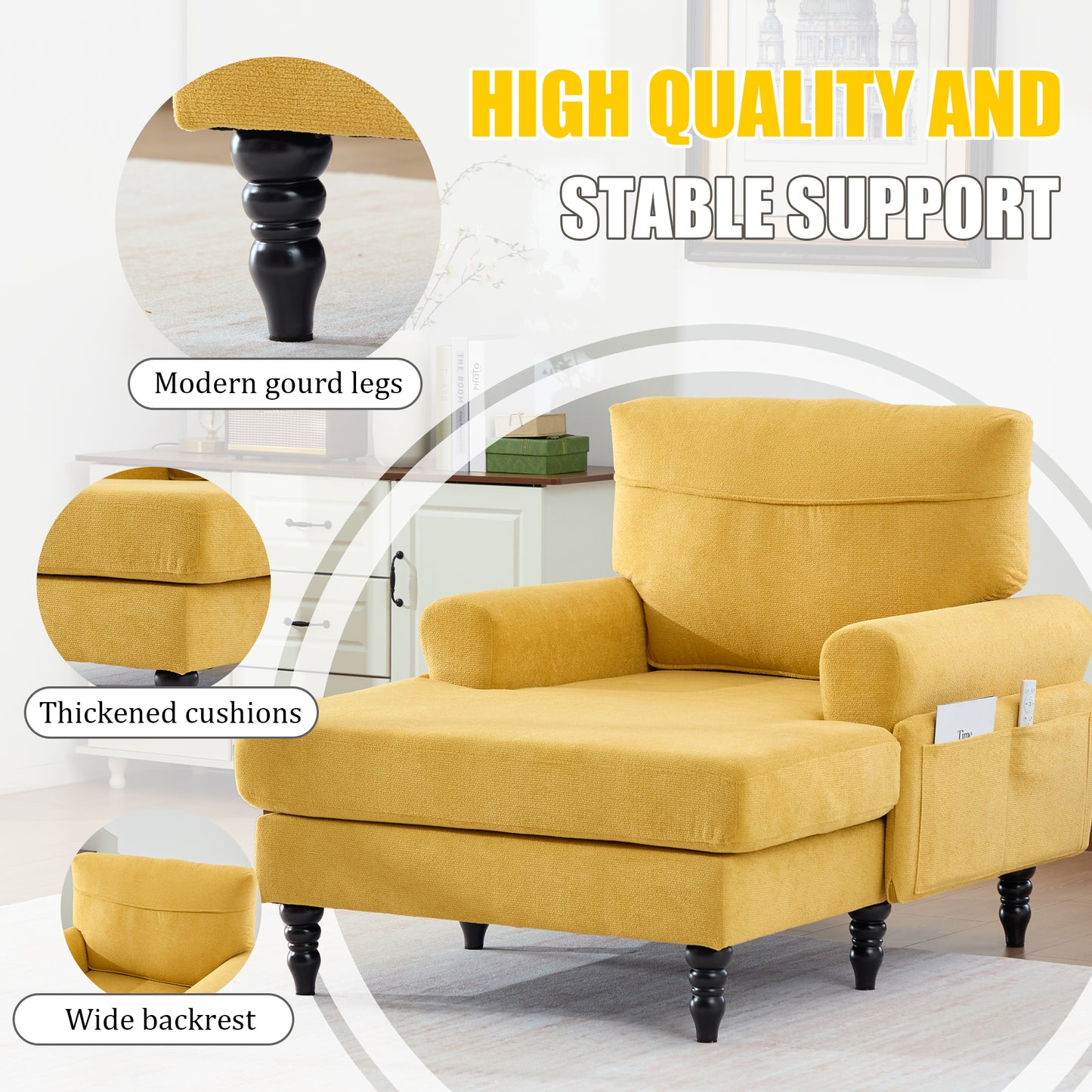 Modern Minimalist Chenille Chaise Lounge Recliner - Mustard Yellow