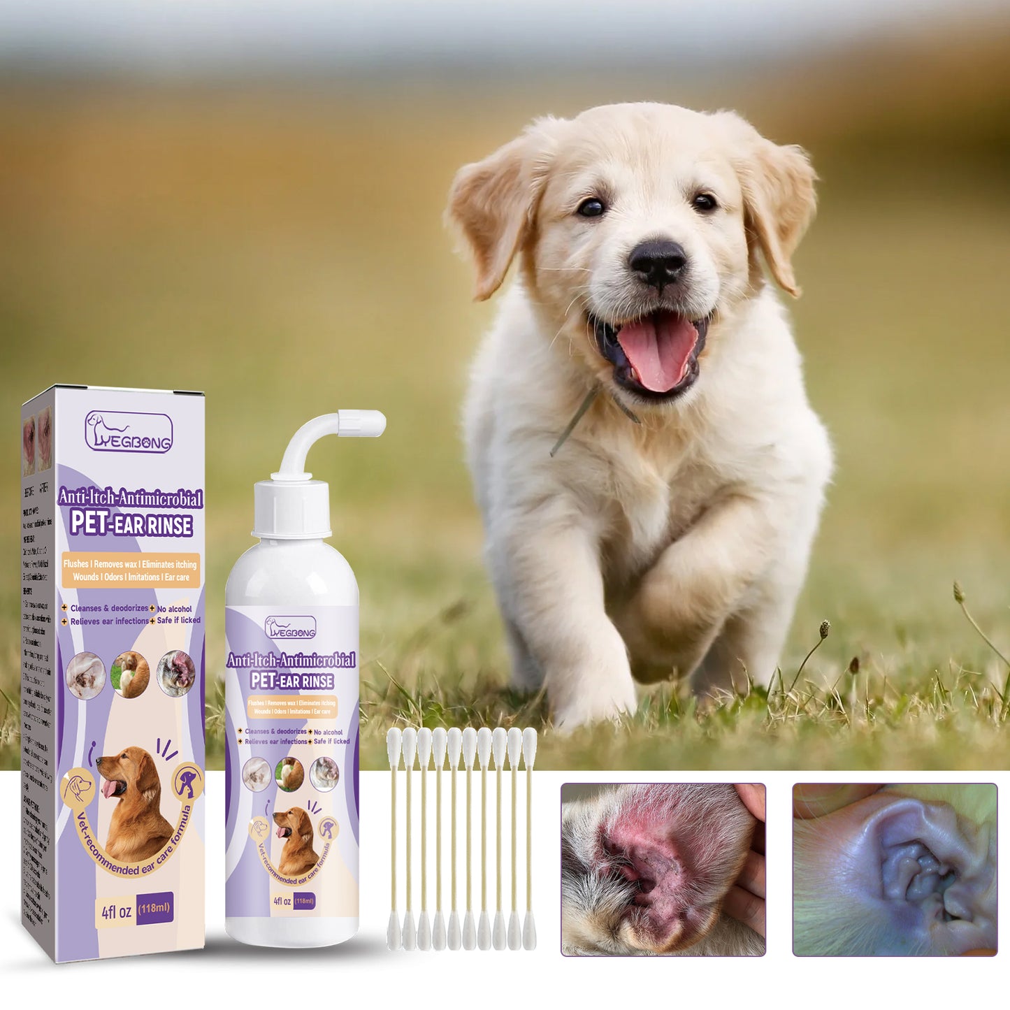 Pet Ear Rinse Cleaner 118ml with Cotton Swabs, Gentle Antimicrobial Ear Wash for Dogs Cats