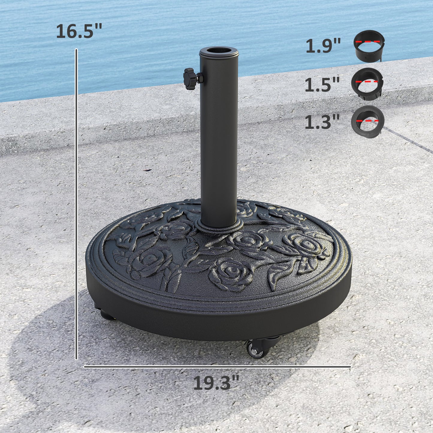 Outdoor Umbrella Base with Wheels - 46 lbs Resin Stand for 1.3" to 1.9" Poles - Black