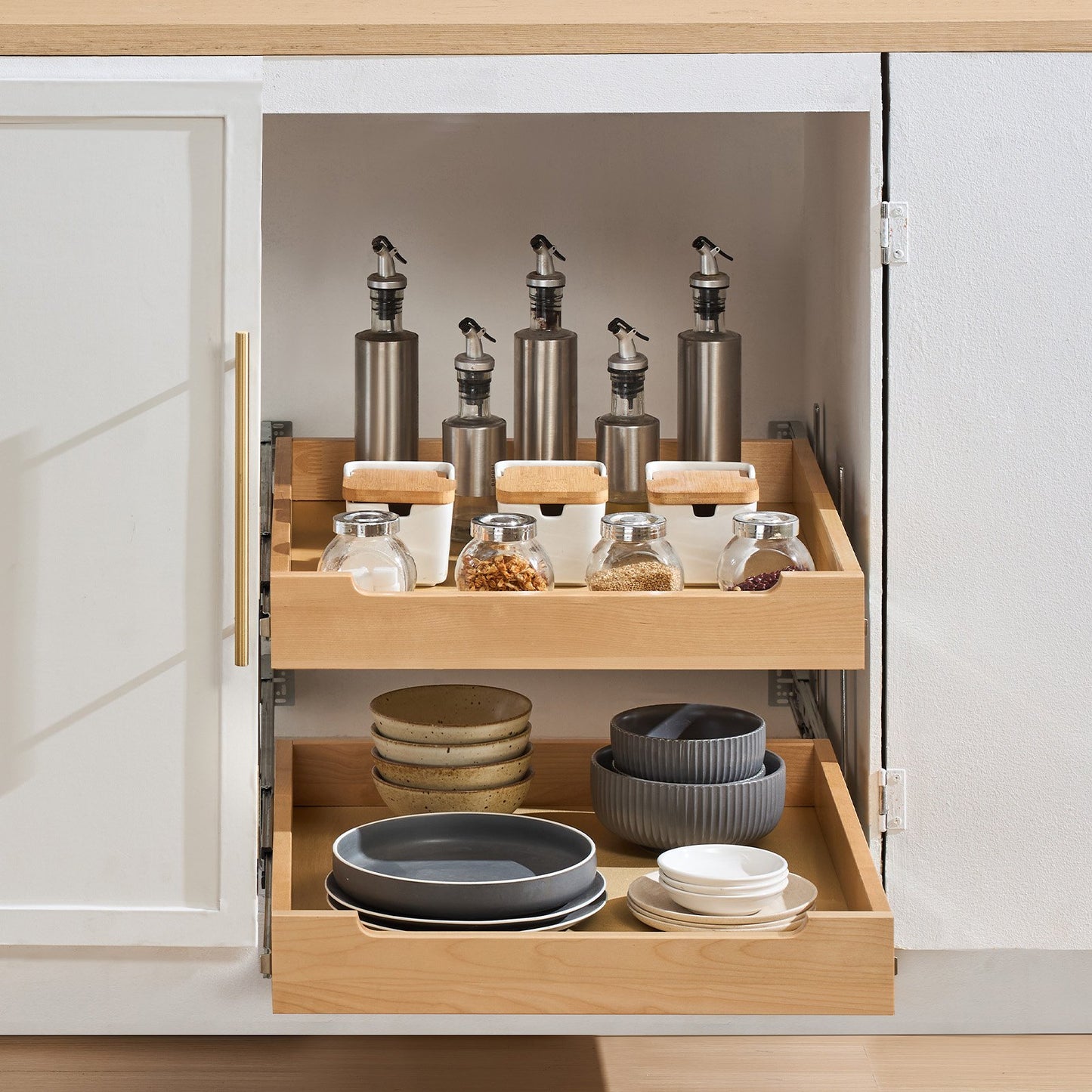 2-Tier Pull-Out Cabinet Organizer - Soft Close Wooden Drawer
