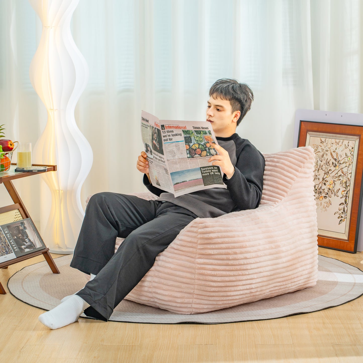 Oversized Pink Bean Bag Chair with Armrests - Comfy Lounge Sofa