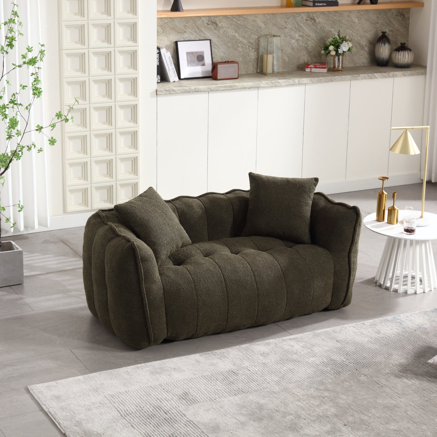 Olive Green Soft Beanbag Chair for Two - Chenille Foam Recliner