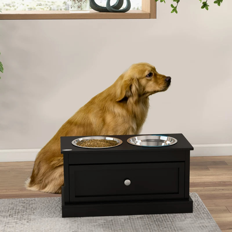 Raised Dog Feeder Stand with Storage Drawer - Black, Large Stainless Steel Bowls