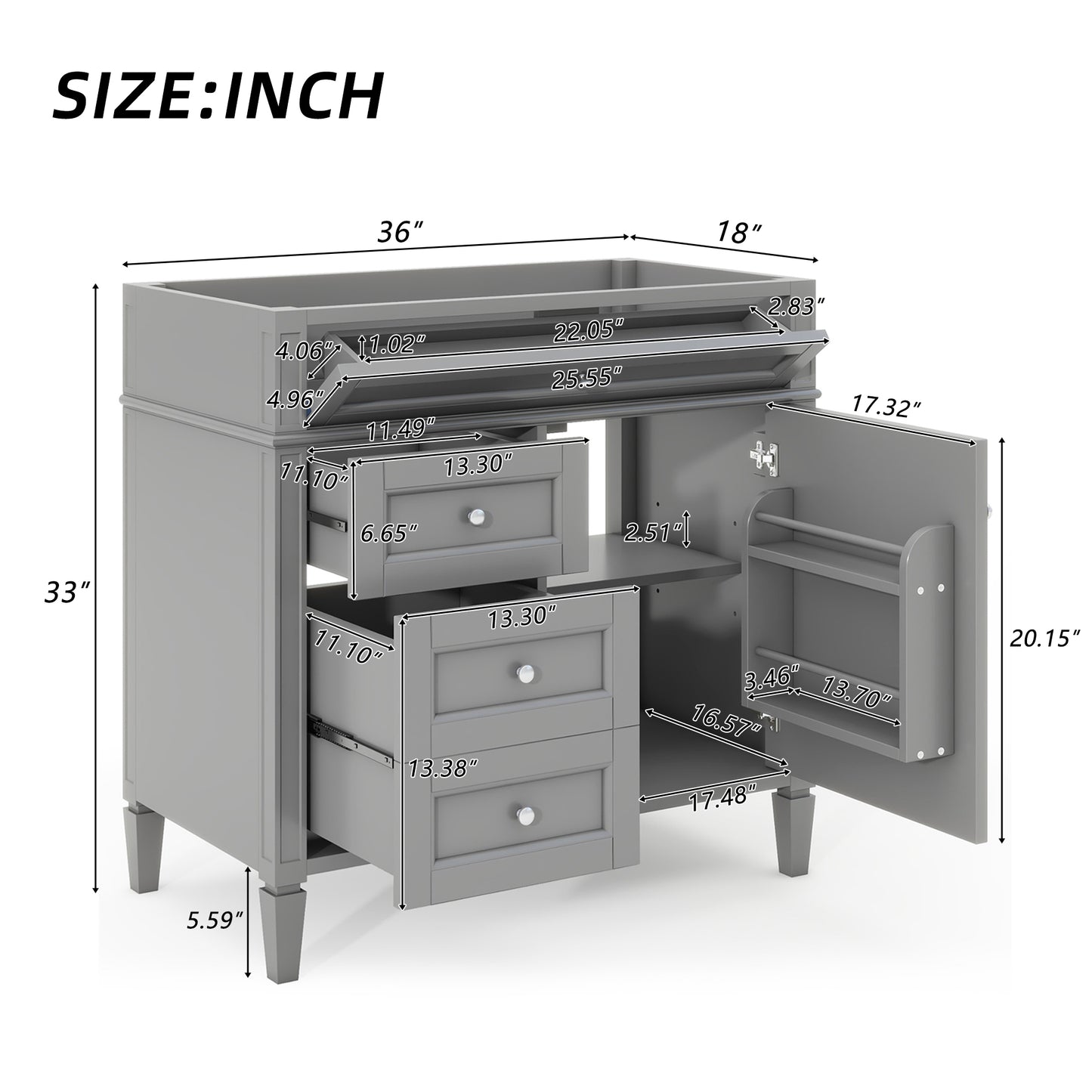 36'' Modern Bathroom Vanity Cabinet with 3 Drawers - Grey