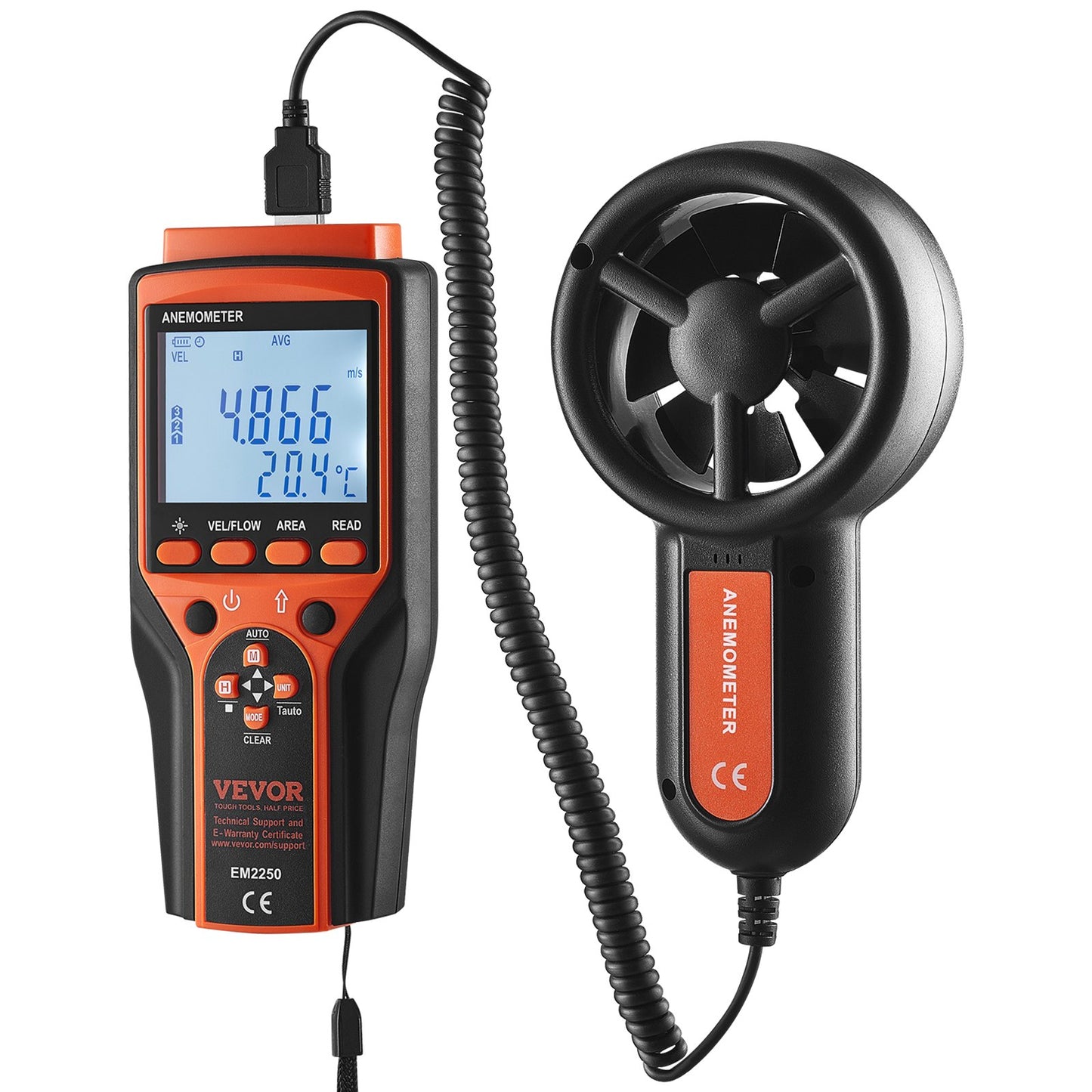 Digital Wind Speed & Temperature Meter with LED Backlight - Orange