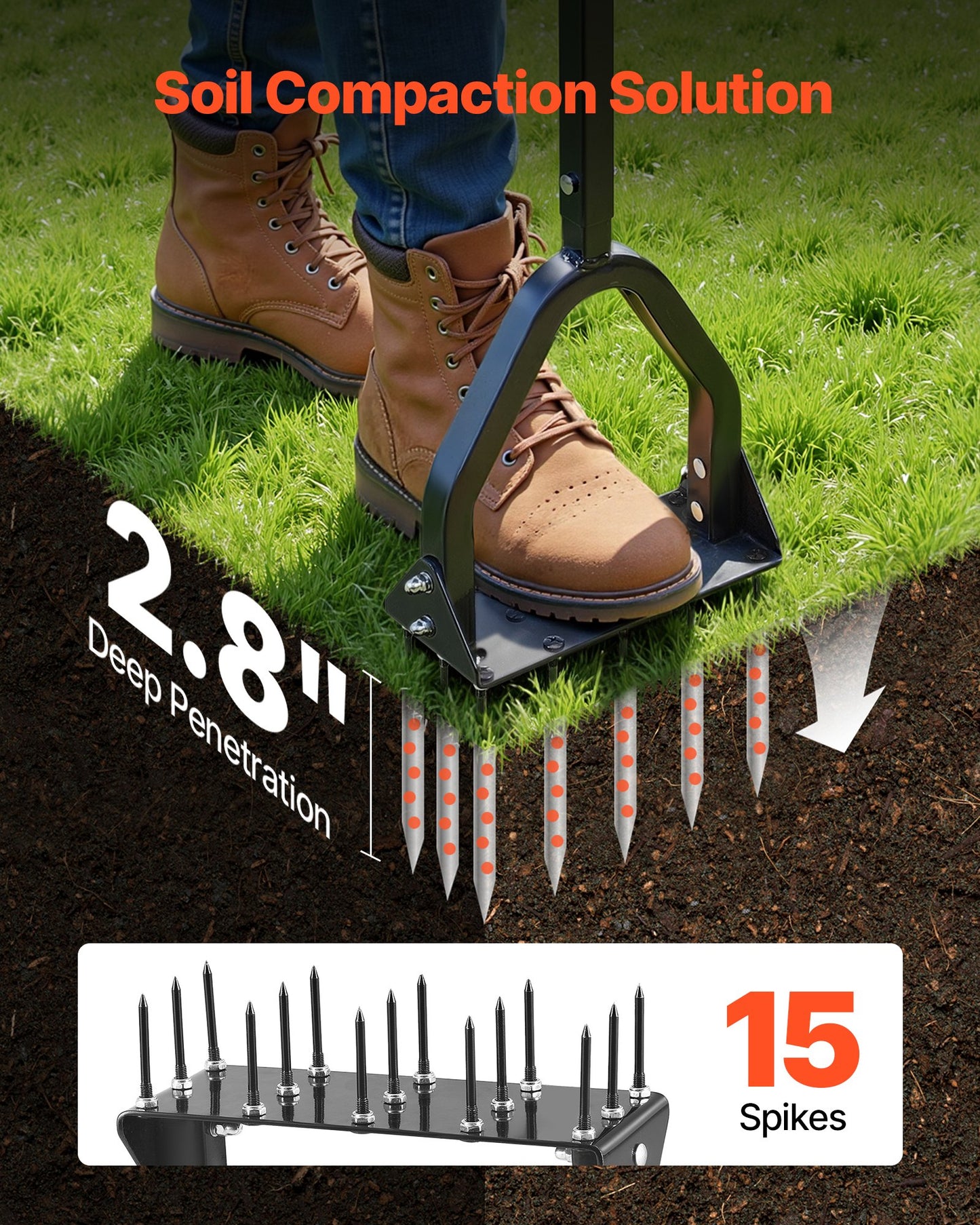 Manual Lawn Aerator with 15 Steel Spikes - Heavy Duty Garden Tool for Compact Soil