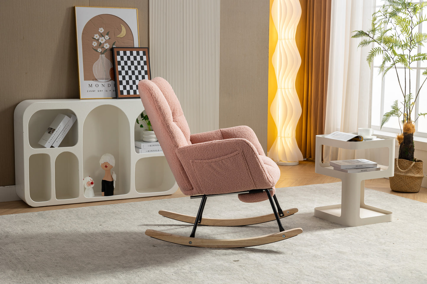 Pink Teddy Fabric Rocking Chair with Adjustable Footstool
