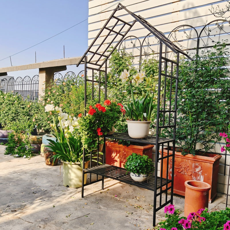 Metal Garden Arch with Convertible Bench and Flower Rack Support - Outdoor Black