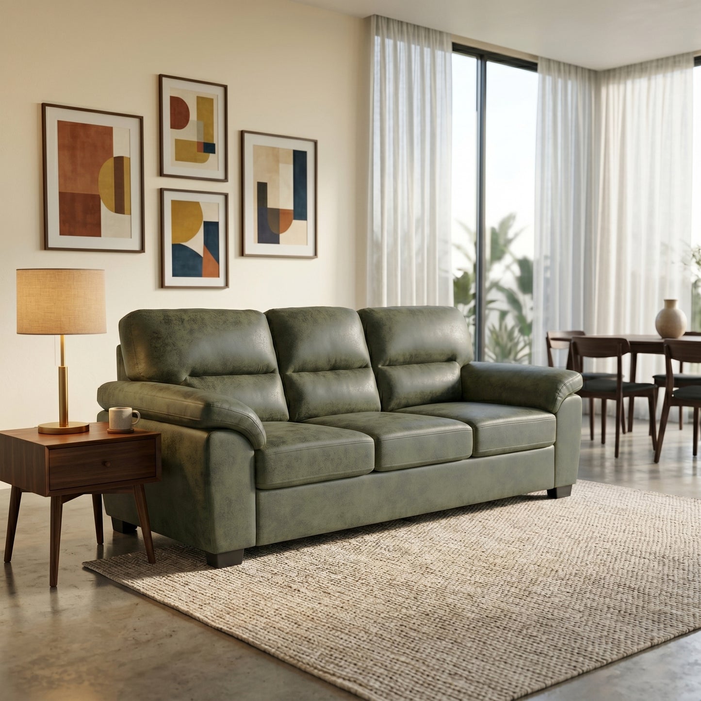81" Olive Green Mid-Century Modern 3-Seater Sofa with Padded Armrests
