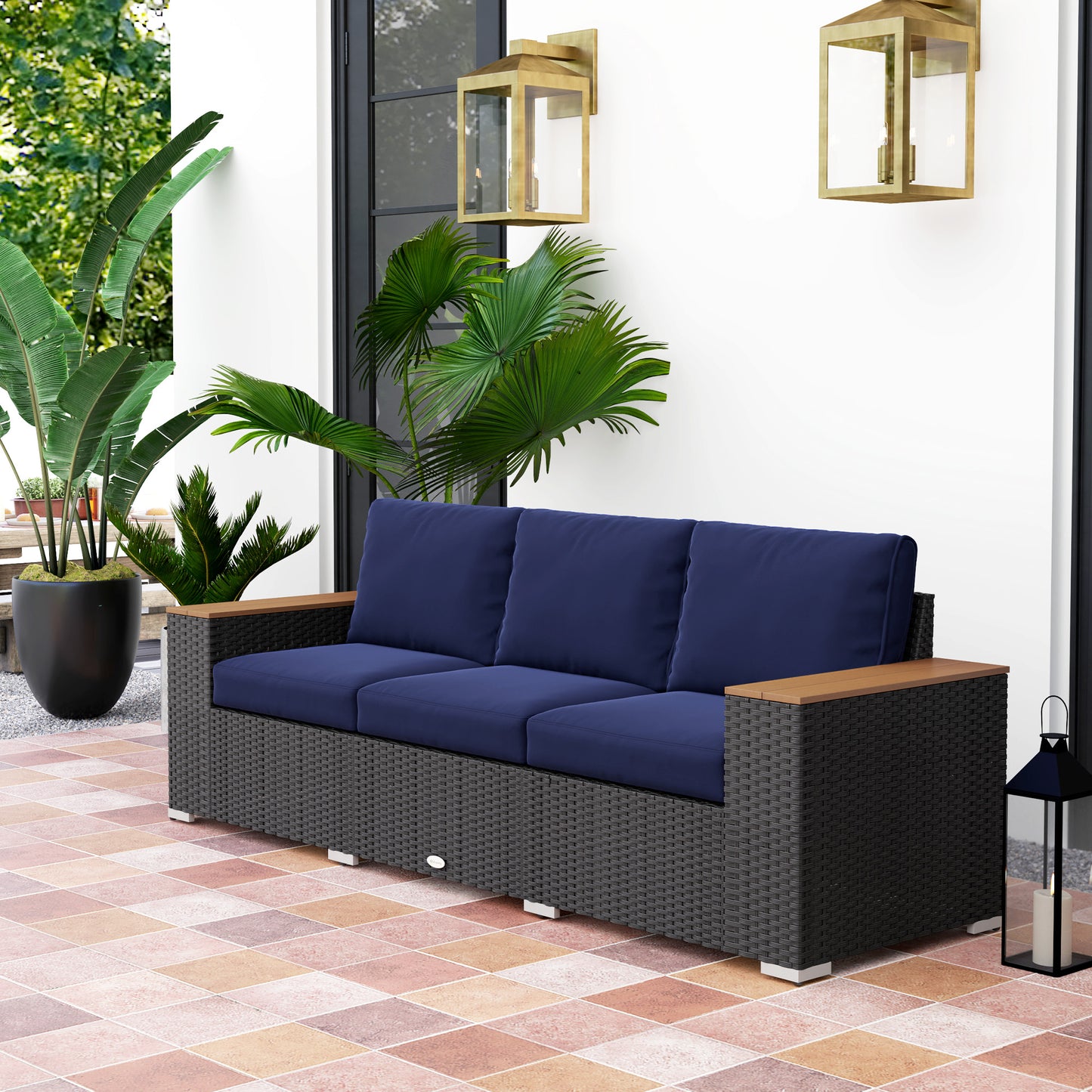 3-Seat Outdoor Patio Sofa - Navy Blue PE Wicker Couch with Cushions