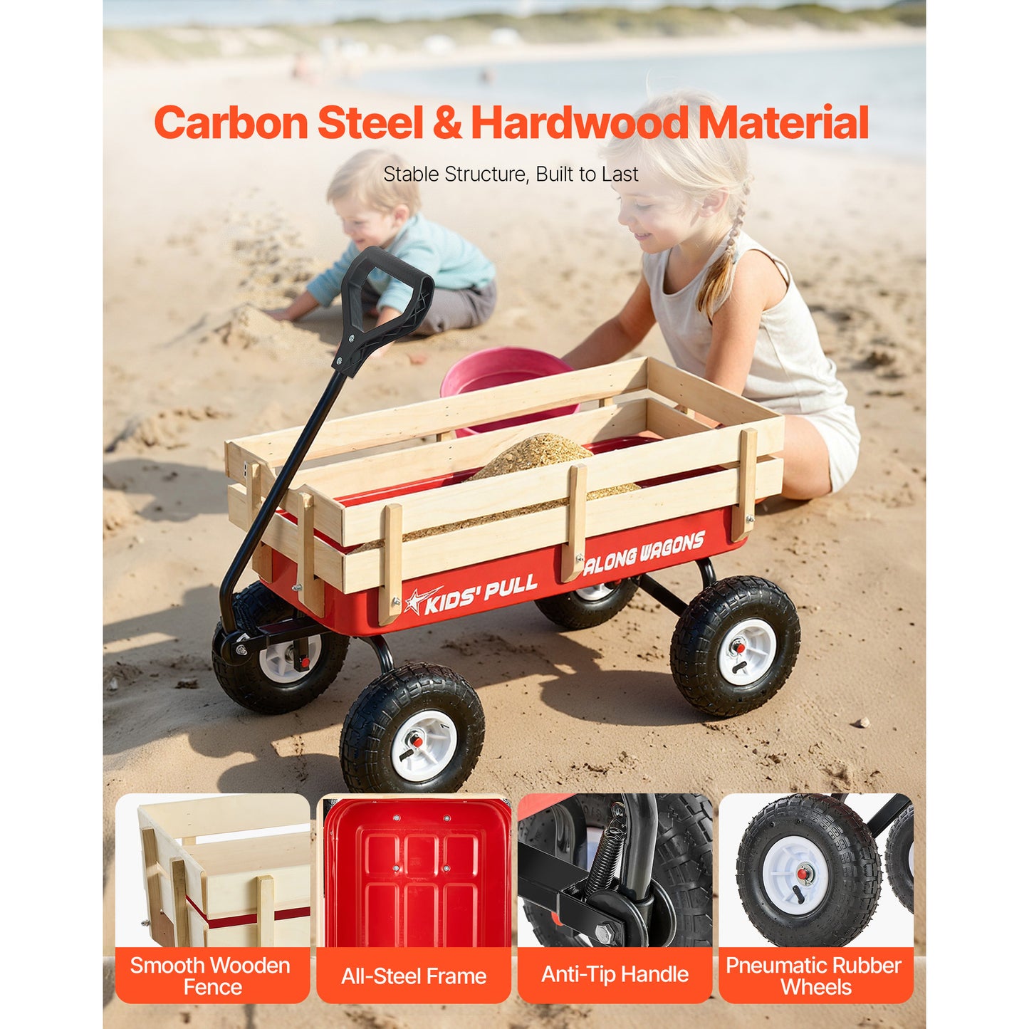 Pull-Along Kid's Wagon 39 Inch All-Terrain Toddler Cart with Wooden Panels & Handle, Supports Up to 330 Lbs, Great for Garden & Beach Fun - Red
