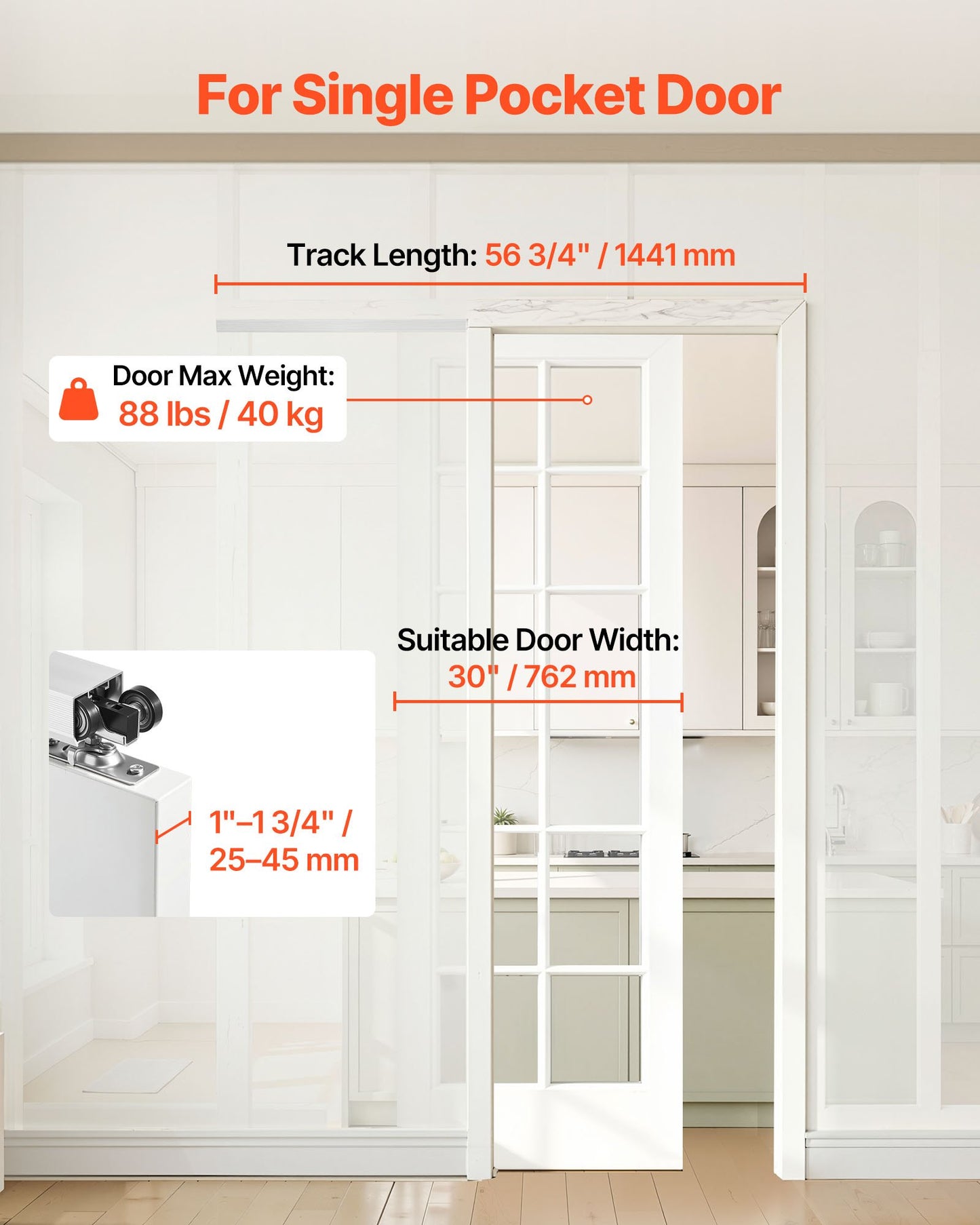 Sliding Pocket Door Hardware Track Kit - Black, 56.73 Inch, Soft Close, Fits 1-1/4 Inch Doors