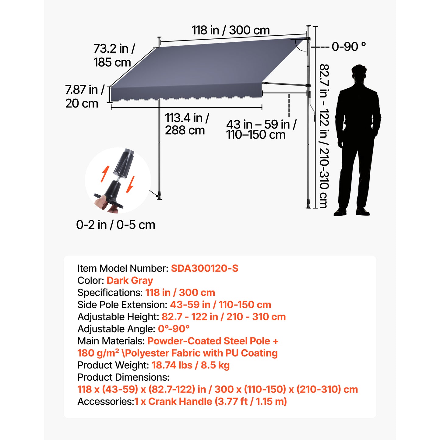 Manual Retractable Patio Awning Sunshade Shelter - 118 Inch Outdoor Canopy with Crank Handle, Adjustable for Garden & Balcony