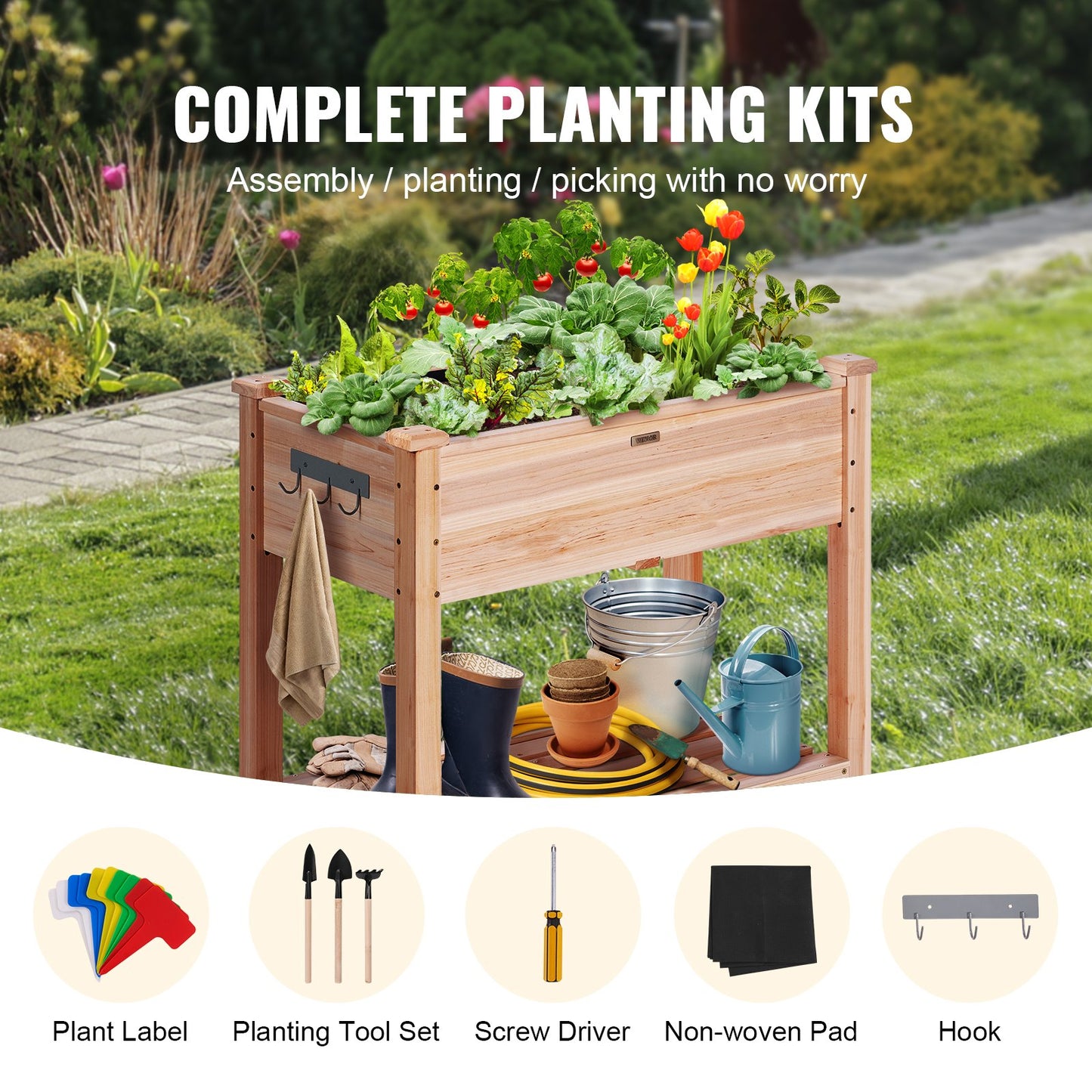 Wooden Raised Garden Bed Planter Box 33.9x18.1x30 Inches with Accessories - Natural