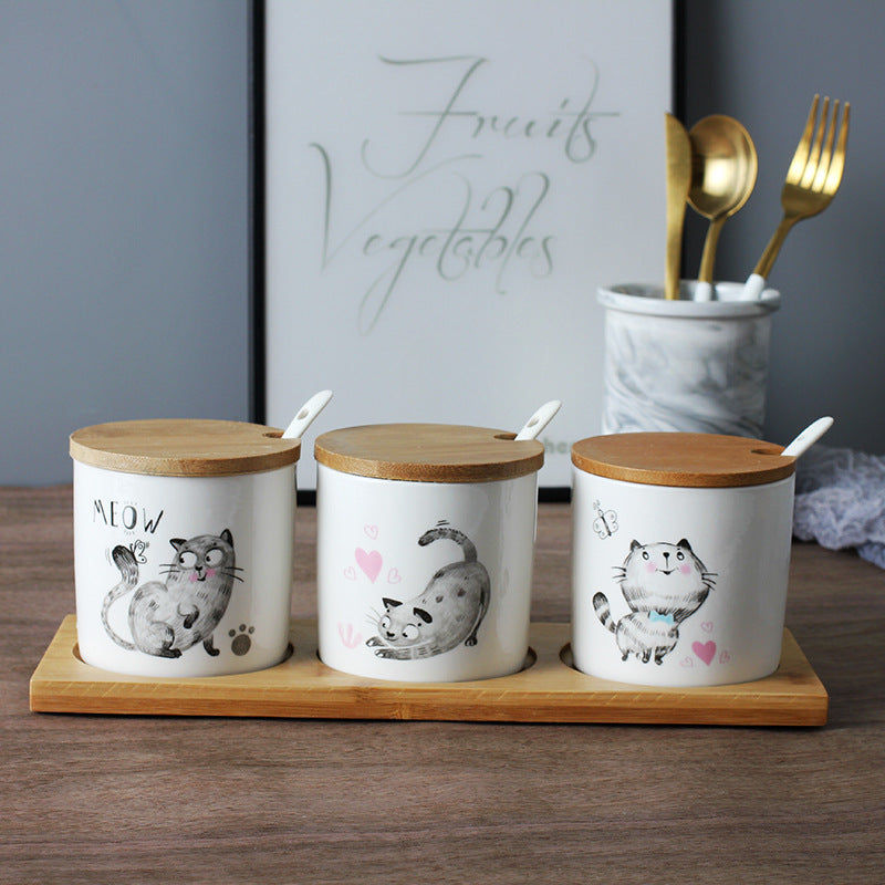 Three-Piece Ceramic Seasoning Jar Set with Lid - Kitchen & Dining