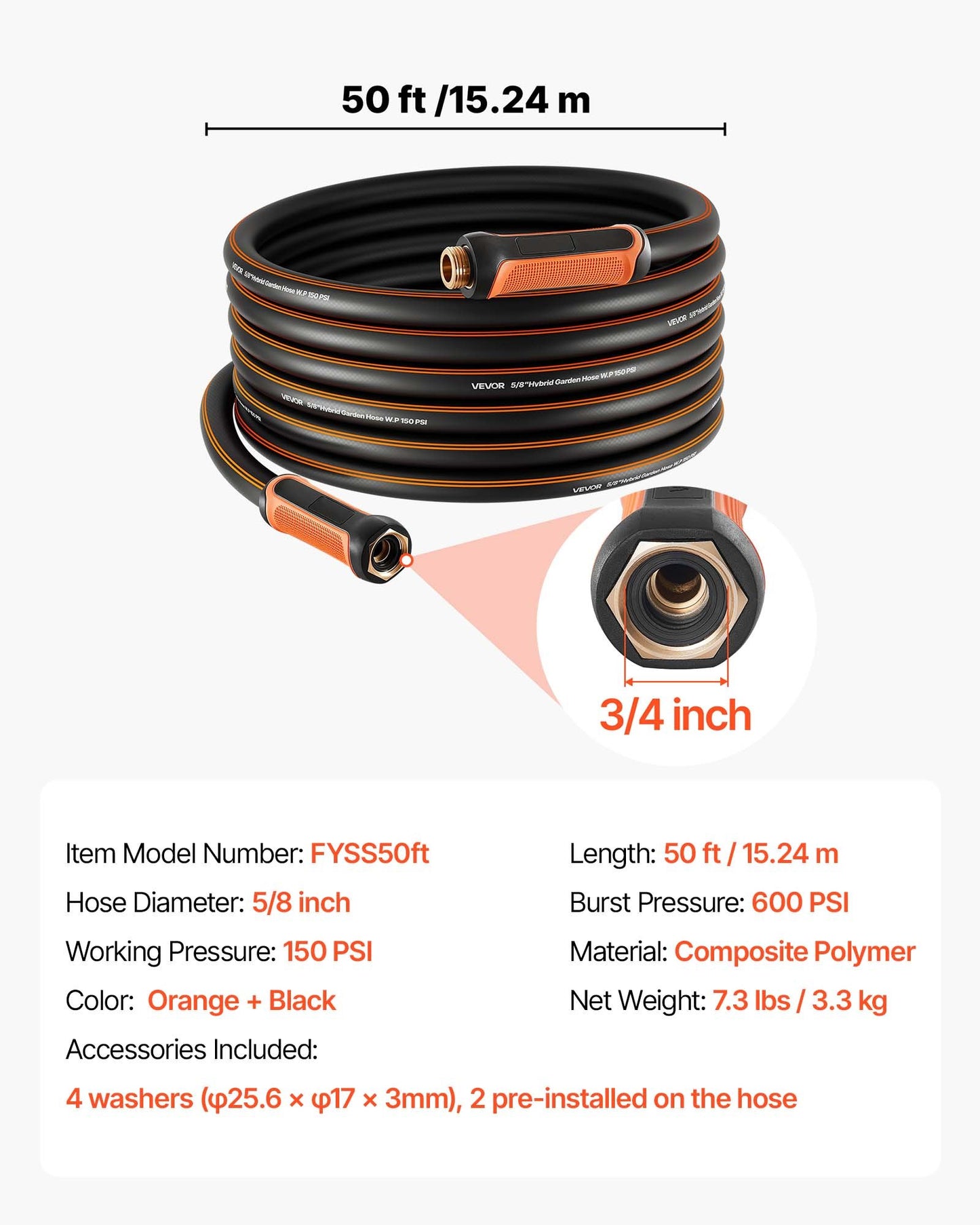 50 Ft Heavy-Duty Rubber Garden Hose 5/8 Inch, Leak-Proof Watering Hose