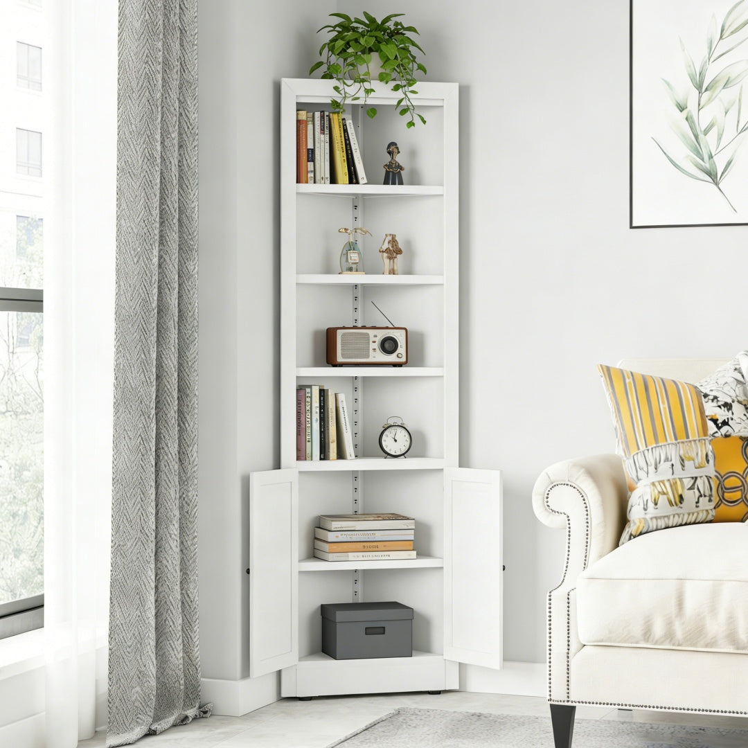 71in Tall Corner Storage Cabinet With 2 Doors, 5-Tier Metal