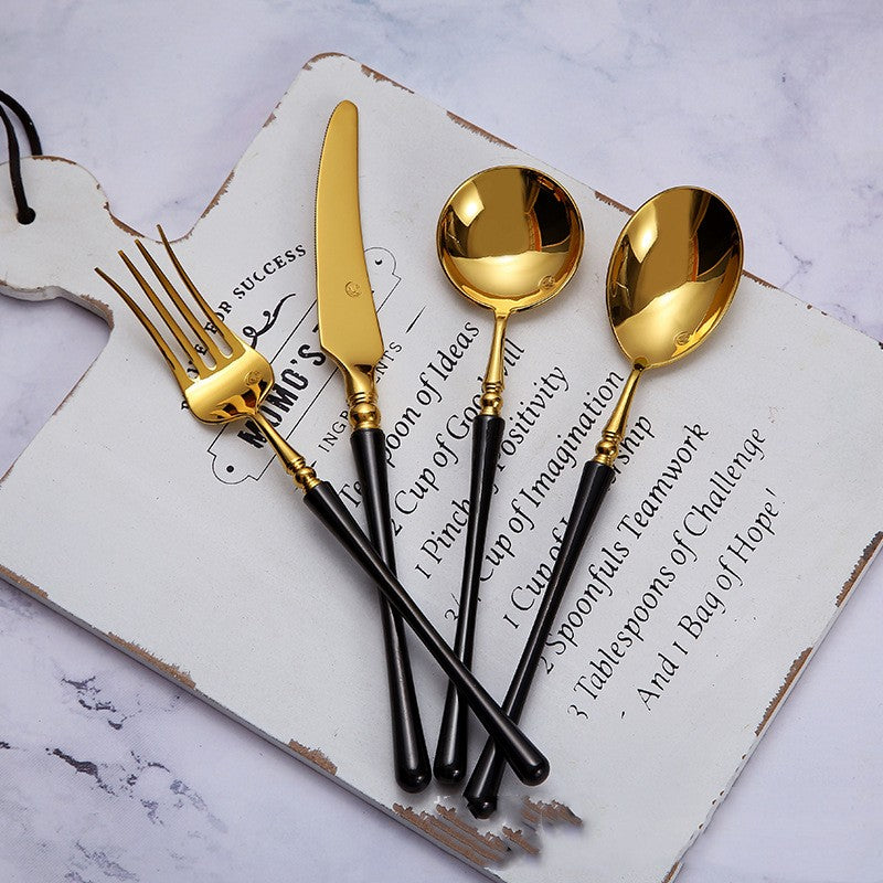 Stainless Steel Dinnerware Set with Black Gold Finish - Knife Fork Spoon