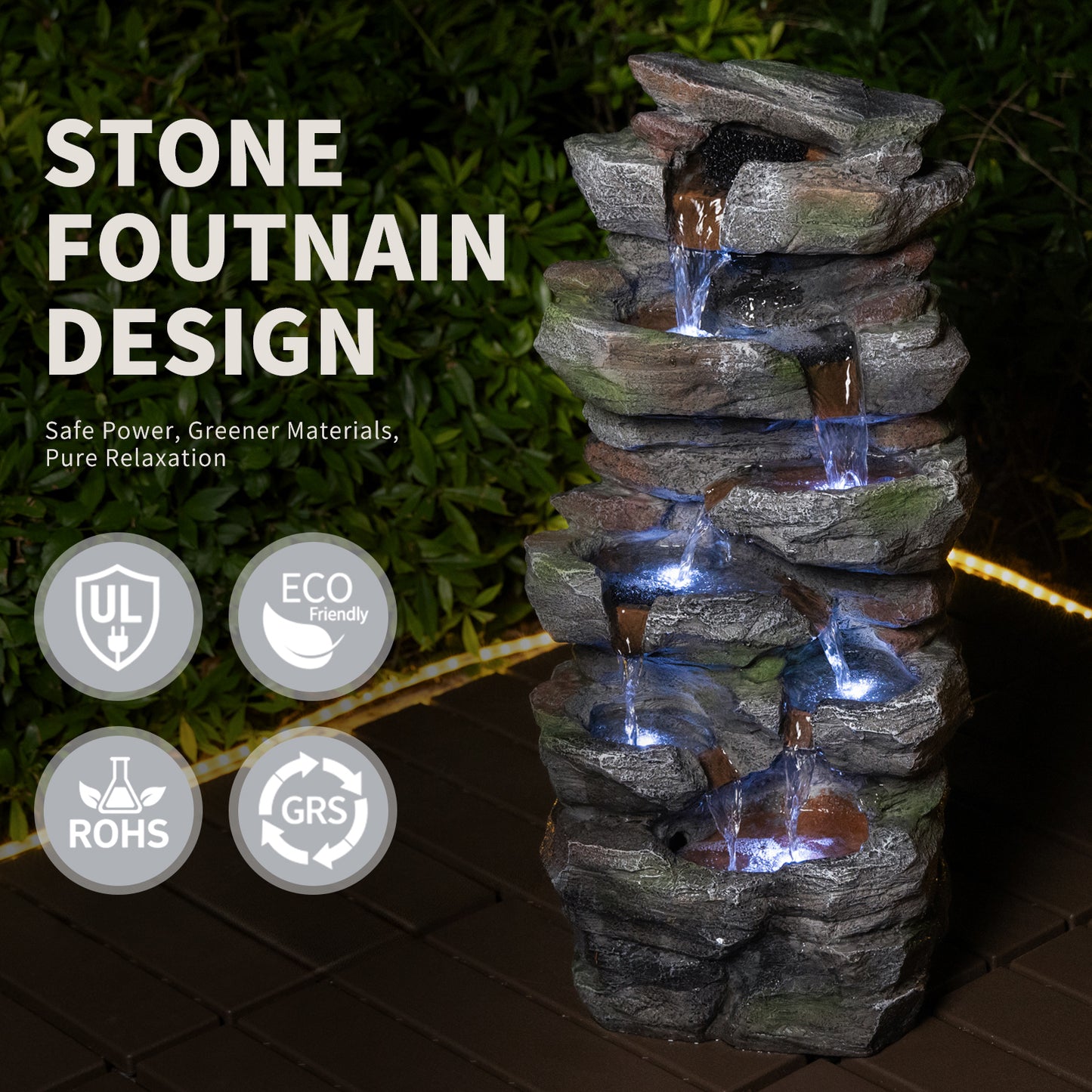Outdoor Rock Waterfall Fountain with LED Lights for Garden Patio Lawn