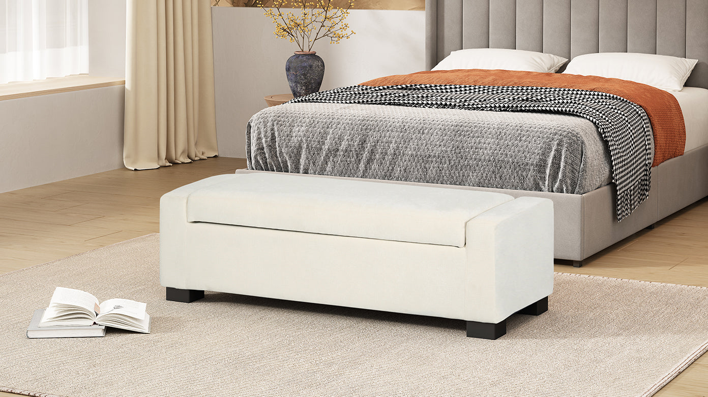50-Inch White Storage Ottoman with Hinged Lid for Living Room & Bedroom