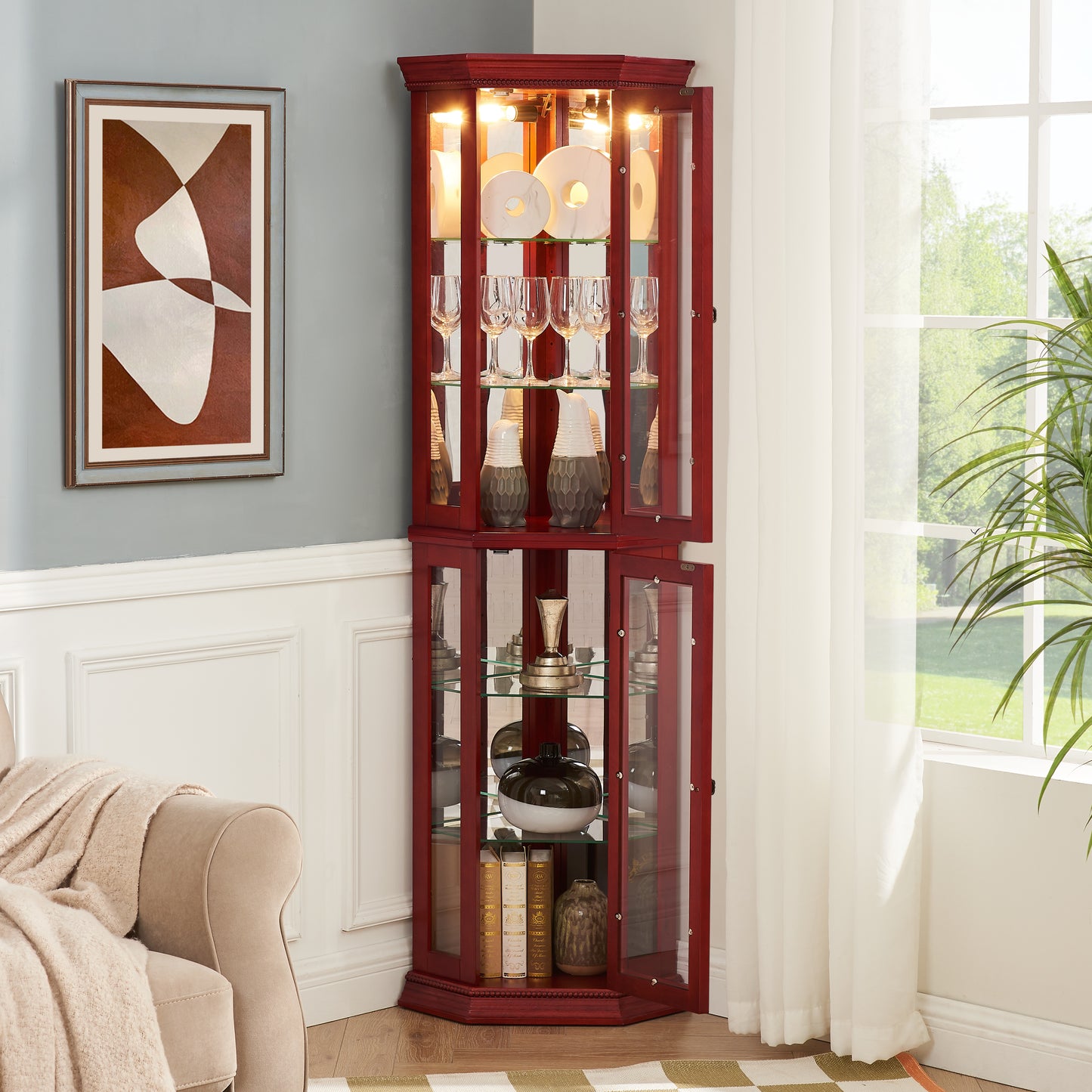 Corner Curio Cabinet Lighted Display, Glass Display Shelf Shelving