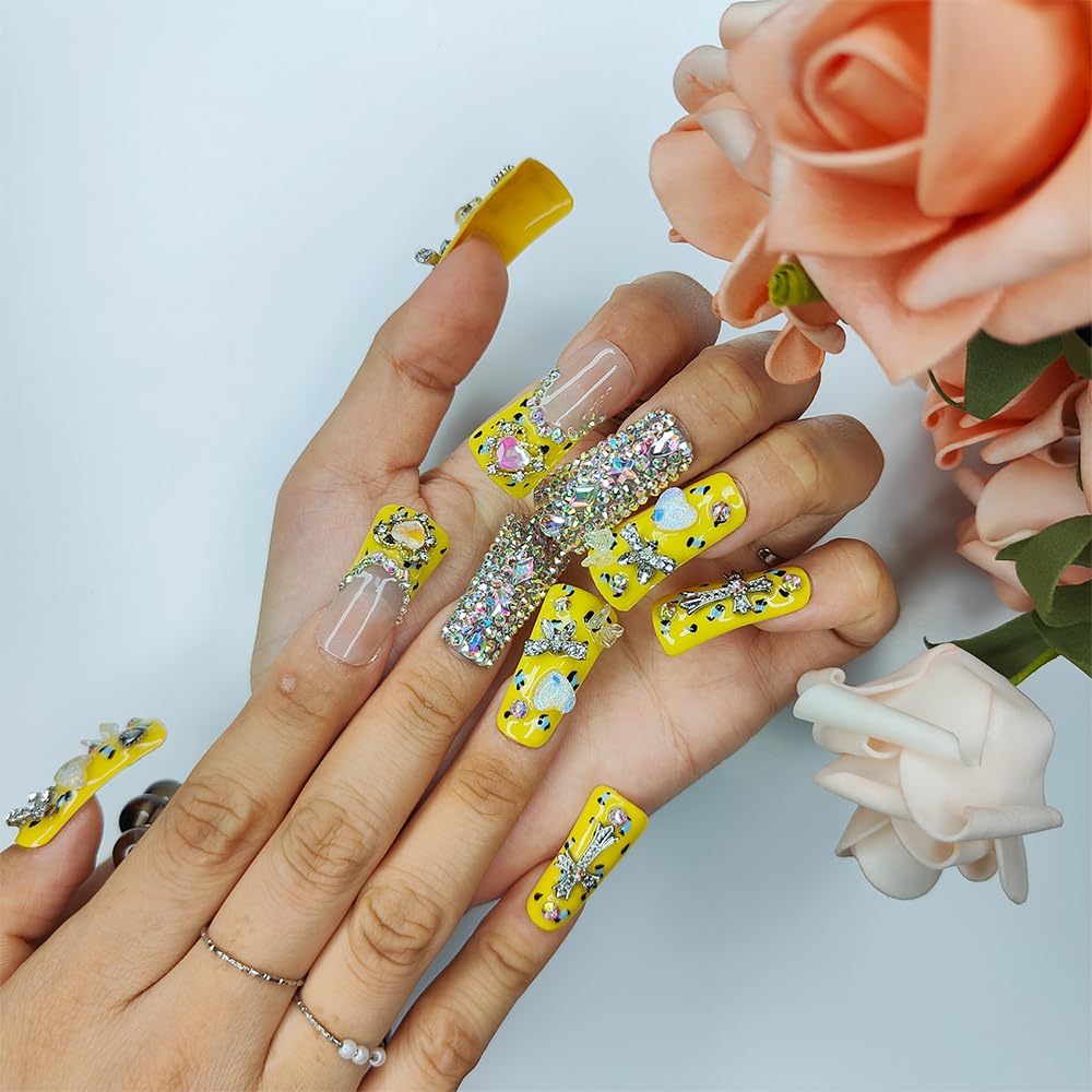 Duck Shape Press-On Nails - Handmade Acrylic Rhinestone Butterfly Design
