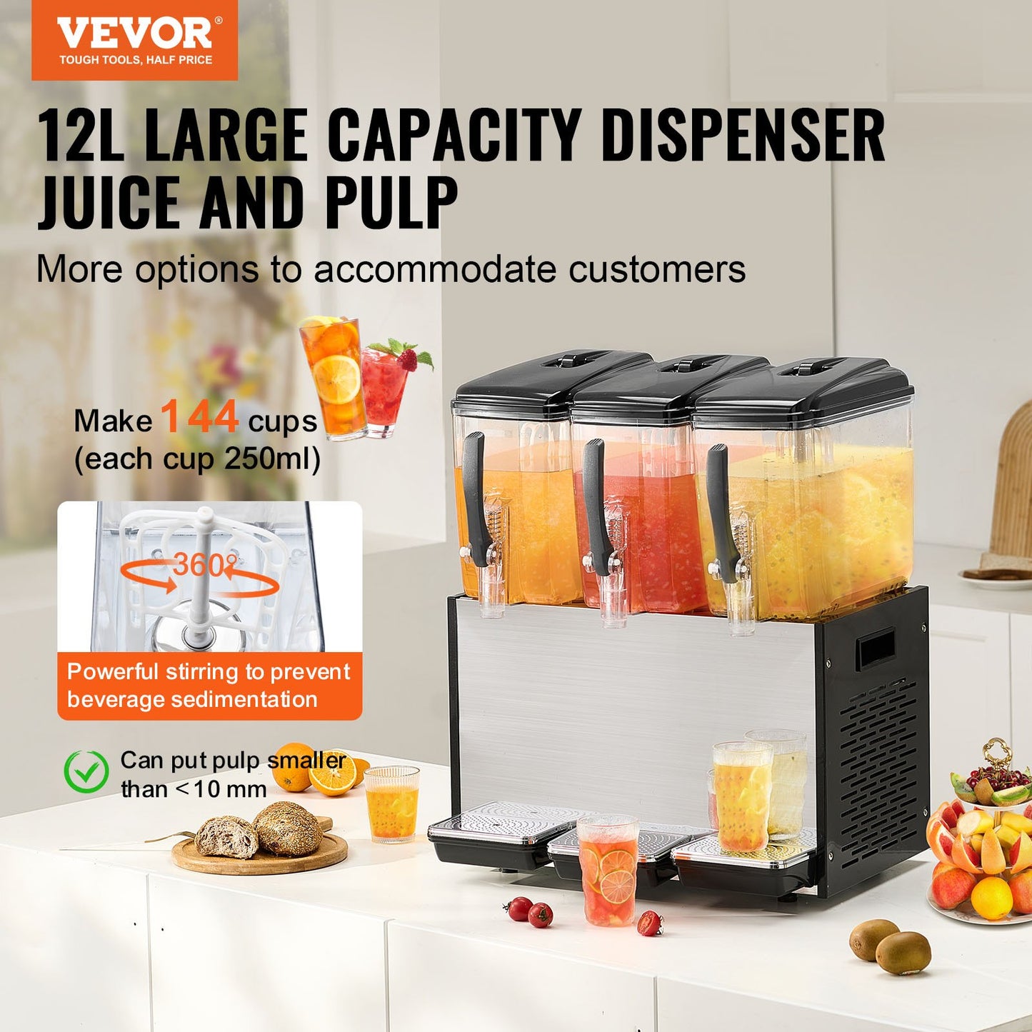 12L Commercial Beverage Dispenser with 3 Tanks, Food-Grade Stainless Steel, Silver