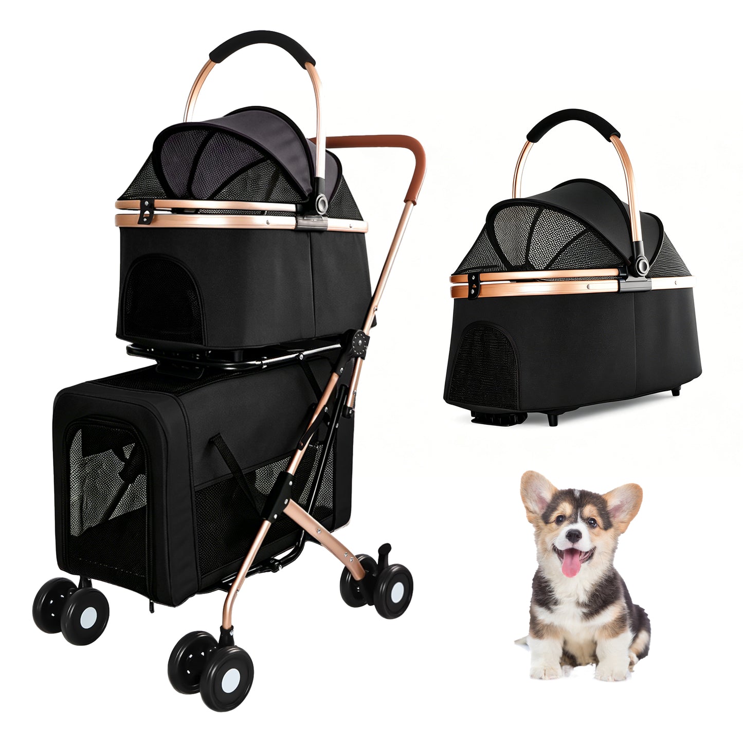 Pet Stroller with Guardrails for Small and Medium Pets - Foldable, 3-in-1 Design, Shockproof Wheels, Safety Leashes, Black