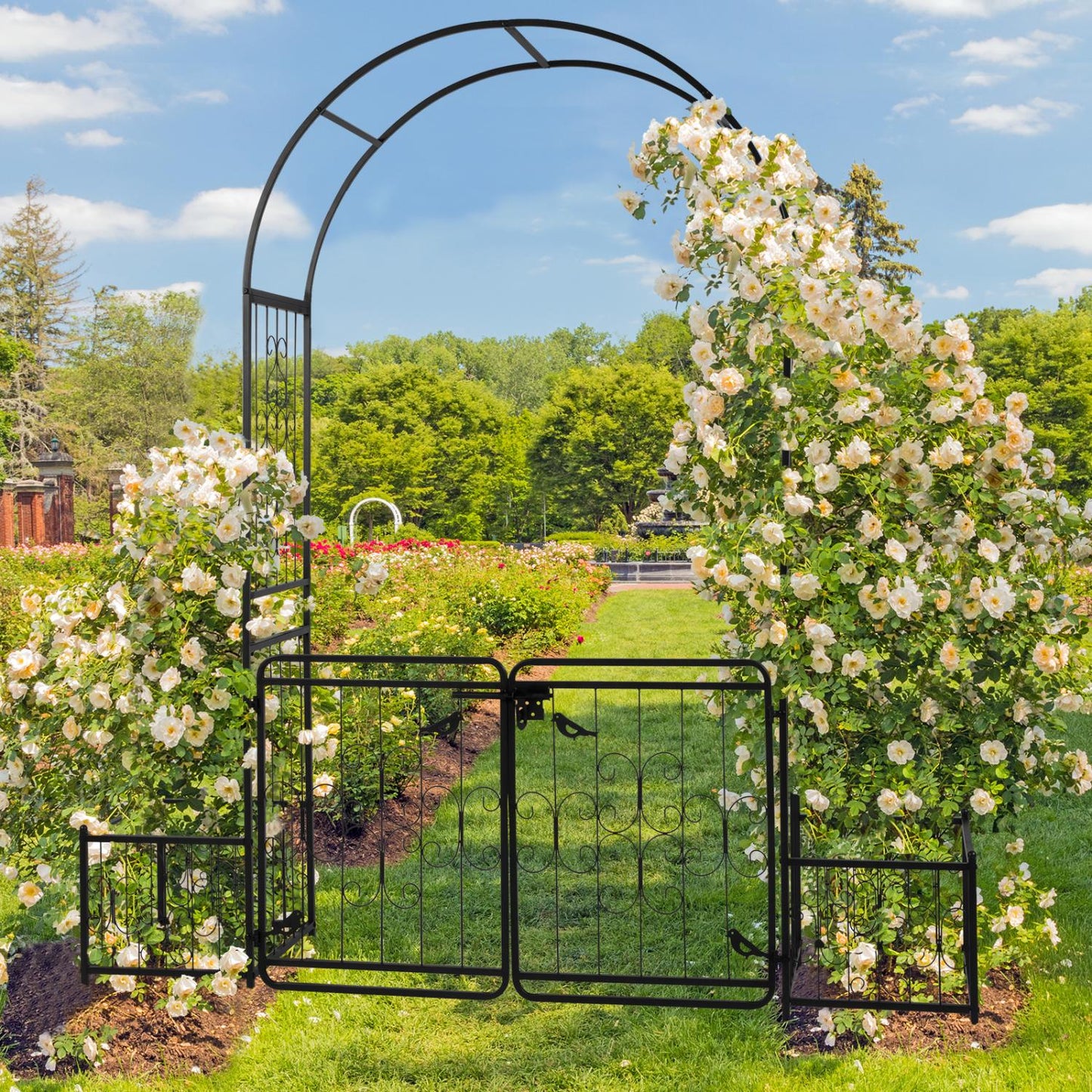 Garden Arbor Arch with Gate and Planter Box - Black Iron Support for Climbing Plants