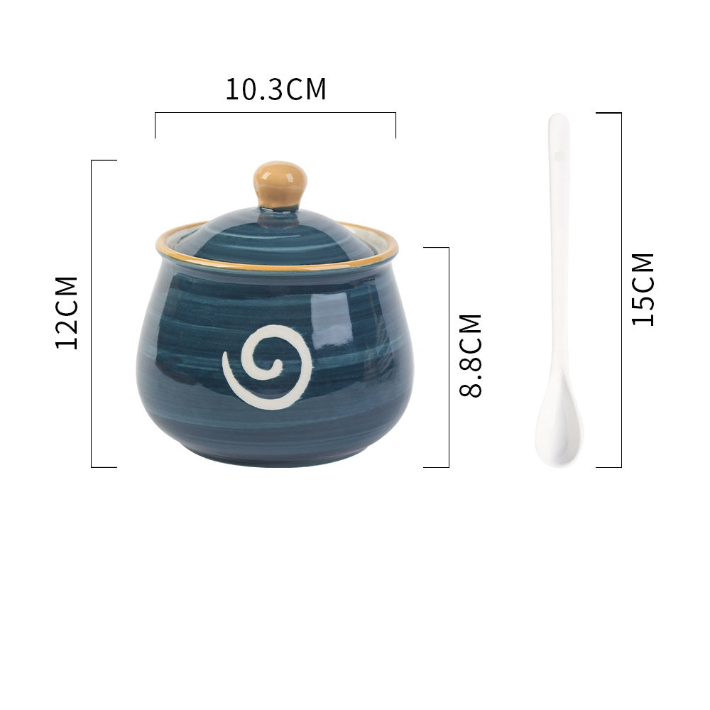 Ceramic Condiment Pot Set with Spoon - Kitchen Tableware, Household