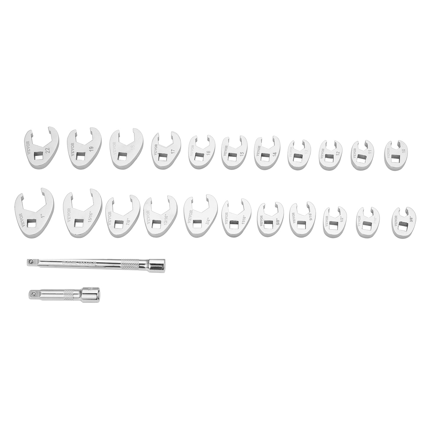 24-Piece Crowfoot Wrench Set with Extension Bars - SAE and Metric CR-MO Steel